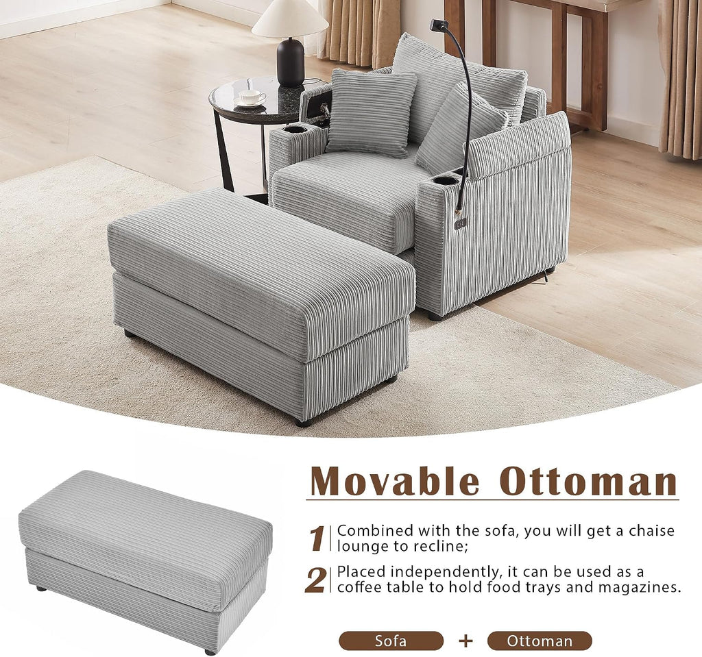 Merax Modern 41.7' Chaise Lounge with Pillows, Charge Station & Cup Holders,Upholstered Sofa Recliner Chair with Ottoman for Living Room Bedroom Gray
