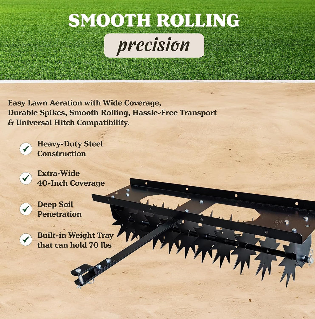 Yarn Stuff Spike Lawn Aerator, 40 Inch Wide Pin-Style Hitch with Weight Tray, Tiller for Gardening and Soil Penetration, Lawn Mower and ATV Compatible