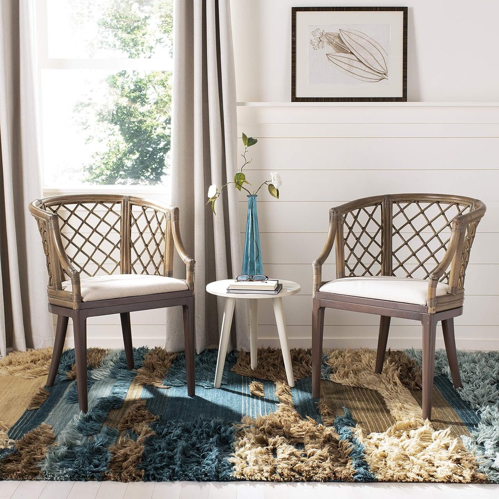 SAFAVIEH Furniture - Carlotta Rattan Arm Chair - Greige & White - Solid Wood - Coastal Open-Arm Design - Ideal for Living Room, Sunroom, Bedroom (SEA4013A)
