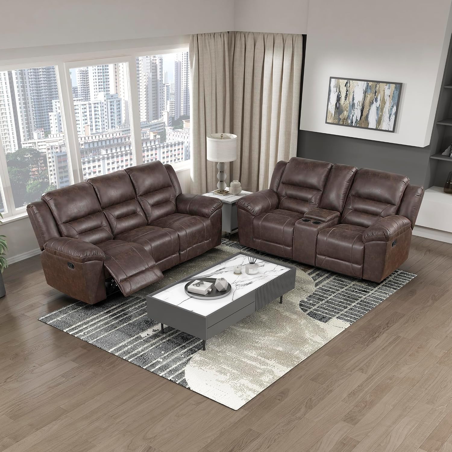 Lexicon Recliner Living Room Set, Wall Hugger Manual Recliner Sofas, Couches for Living Room, Home Theater Seating, Includes Dual Reclining Sofa and Loveseat, Required Assembly, 2-Piece Set, Brown