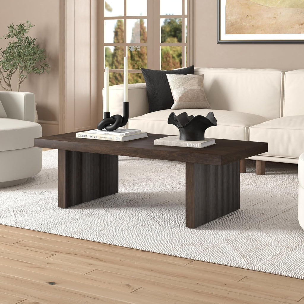 Henn&Hart 48' Fluted Rectangular Low-Profile Coffee Table with Ribbed Base for Living Room, Family Room, or Office, Rich Brown