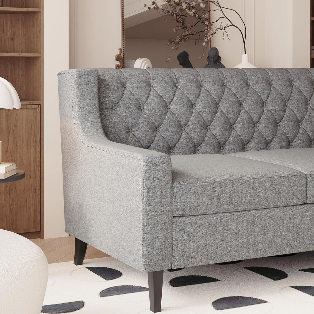 GDFStudio 78.75' 3-Seater Sofa, Button Tufted Backrest Big Comfy Couch with Plush Cushions, Mid Century Modern Couches Home Living Room Sofa, Upholstered Sofas & Couches for Apartment Bedroom, Grey