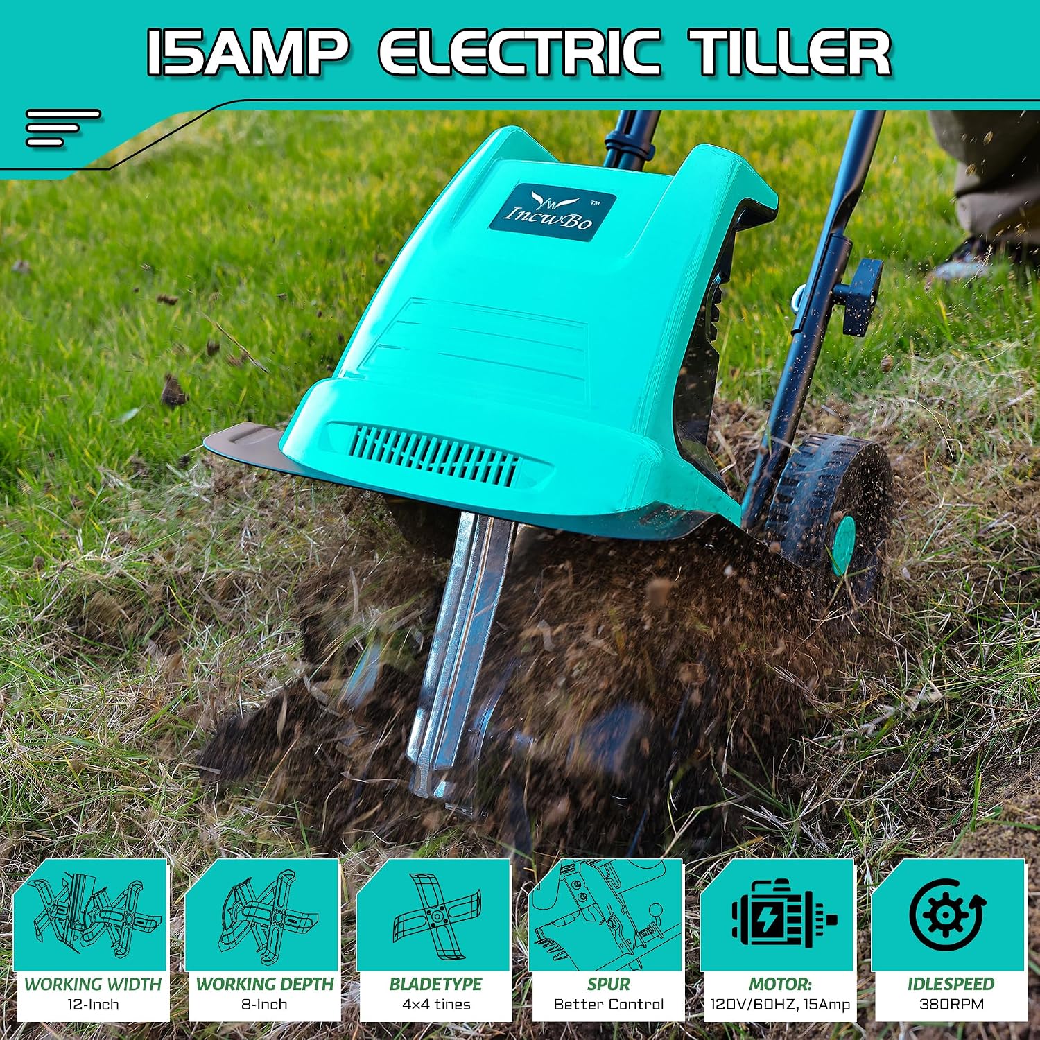 IncwBo 15 Amp 12 Inch Electric Tiller/Cultivator with 4 Steel Tines Small Garden Tiller for Gardening, Corded Rototiller with Adjustable Wheels