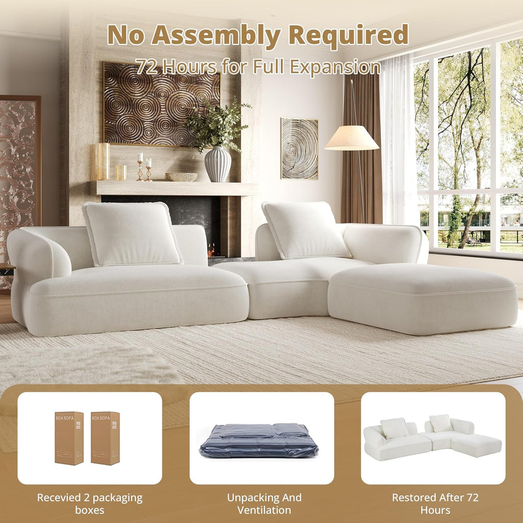 Christopher Knight Home Zacha 121' Modular L-Shape Sofa Couch with Chaise Lounge, Modern Boneless Sofa for Living Room, Fabric Upholstered Cloud Couch with Deep Seat, Milky White