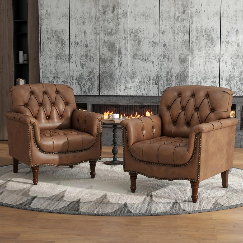 Lumibee Faux Leather Armchairs, Contemporary Accent Chairs Set of 2 with Nailhead Trims & Wood Legs for Living Room, Upholstered Comfy Arm Chairs for Office,Bedroom-Brown