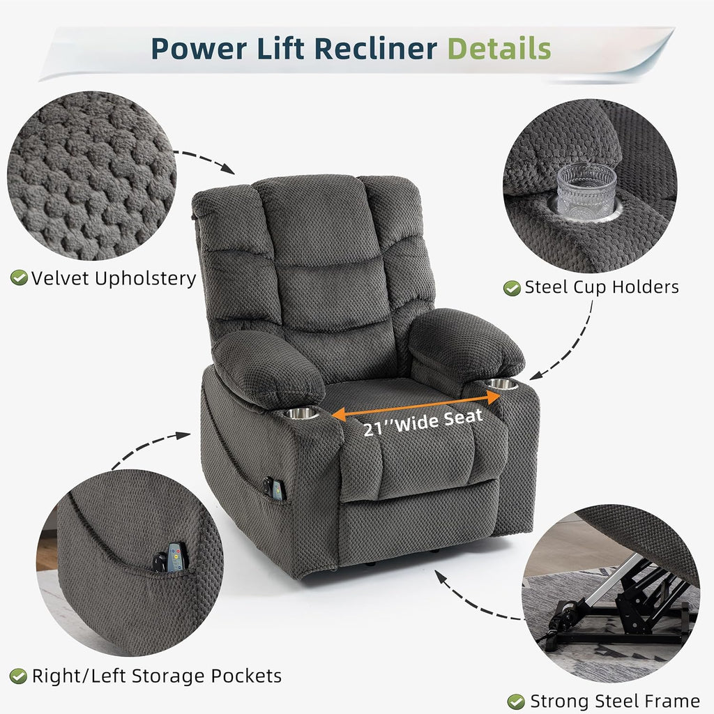 Power Lift Recliner Chair for Elderly, Overstuffed Back Lift Chair with Massage/Heat, Power Recliner Lay Flat 160° Cup Holders for Living Room（Grey）