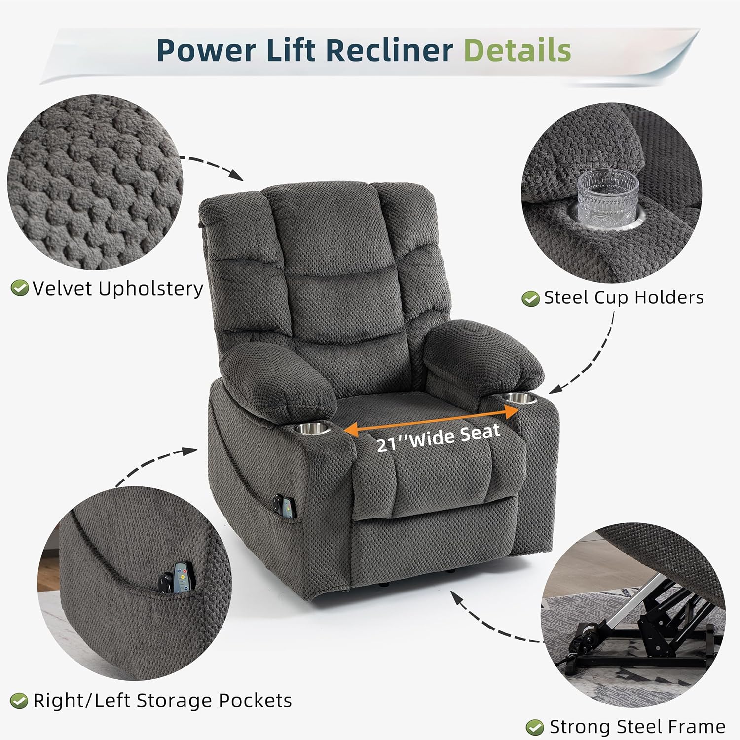 Power Lift Recliner Chair for Elderly, Overstuffed Back Lift Chair with Massage/Heat, Power Recliner Lay Flat 160° Cup Holders for Living Room（Grey）