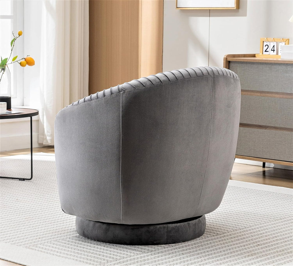 Container Furniture Direct Modern Barrel Swivel Chair with Plush Velvet Upholstery and Smooth 360° Rotation, Round Accent One-Seater Sofa for Living Room, Bedroom, and Office, Grey