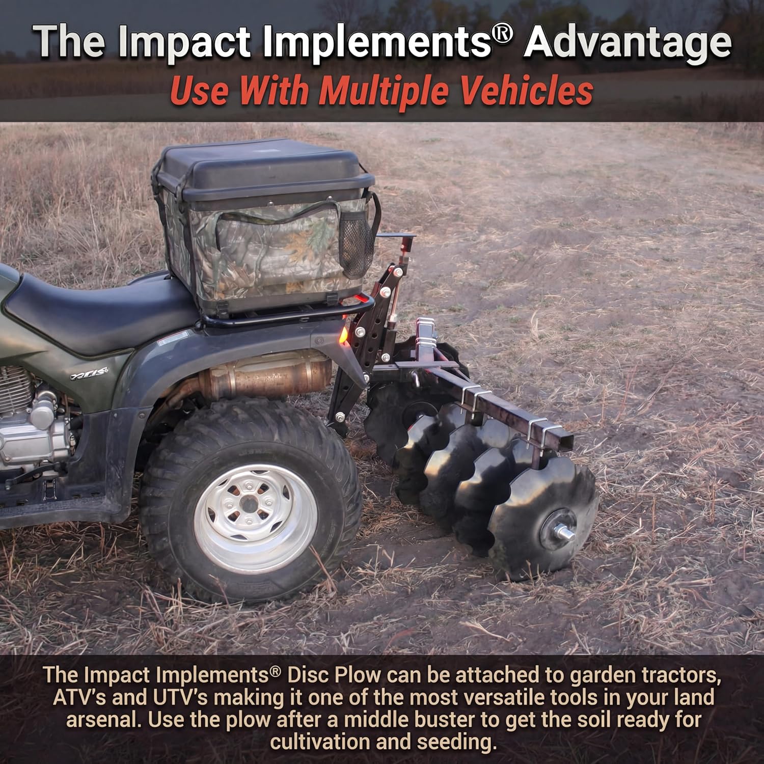 IMPACT IMPLEMENTS® Disc Plow Harrow with Weight Tray for ATV/UTV/Garden Tractors. Prep Soil, Cut Weeds & Clear Crop Remains.