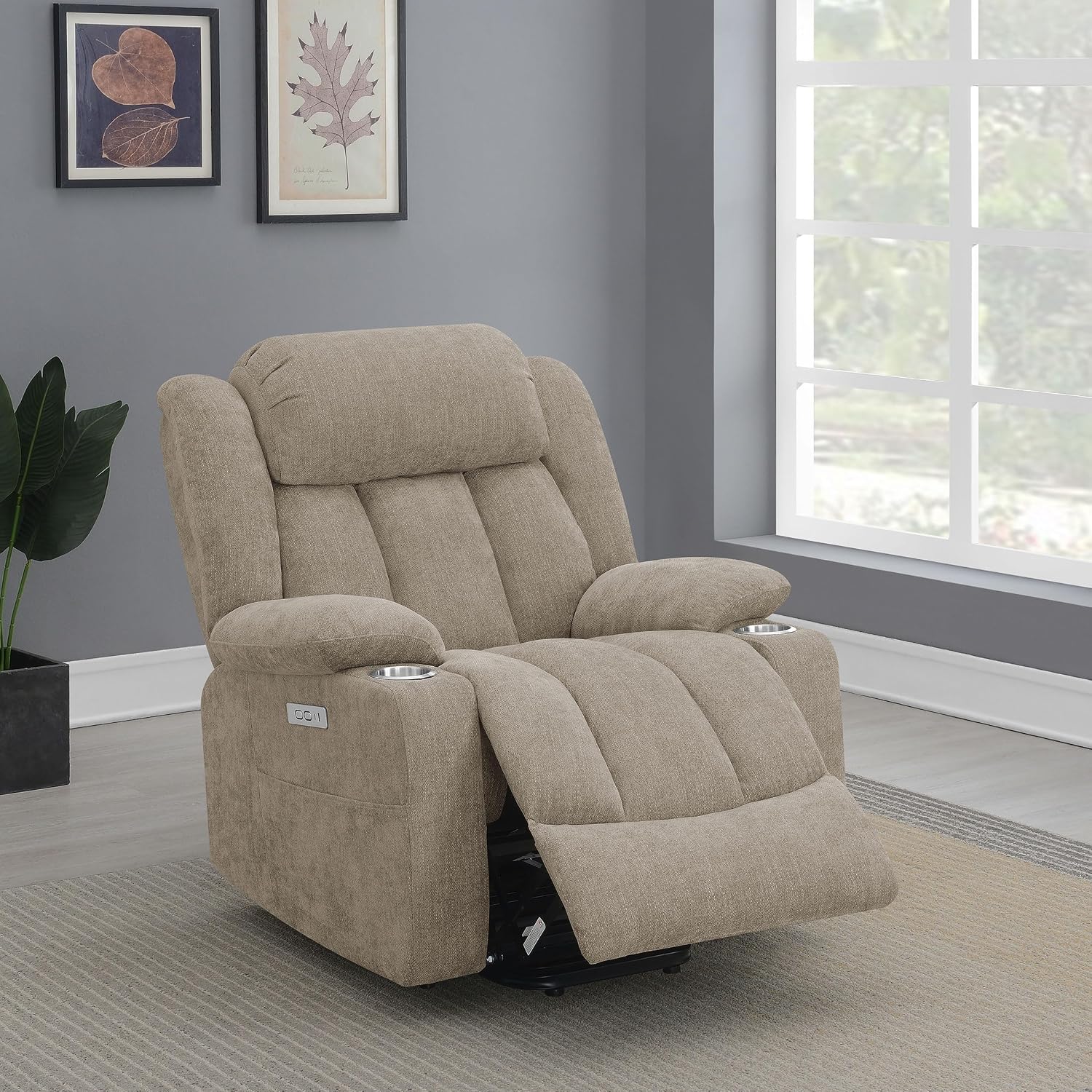 Coaster Home Furnishings - Houston - Fabric Upholstered Power Lift Recliner Chair with Power Panel with USB Port, Cup Holders and Pillowtop Arms - Living Room - Camel - 602274P