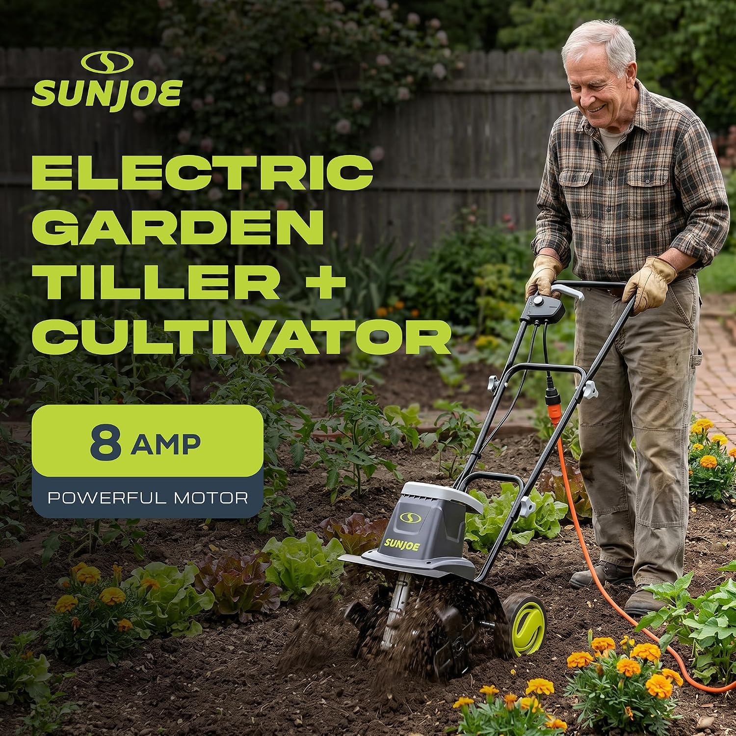 Sun Joe Electric Garden Tiller and Cultivator with 3 Position Height Adjustment Maximum 12-inch Cultivating Width and 8 Amp Motor, TJ602E