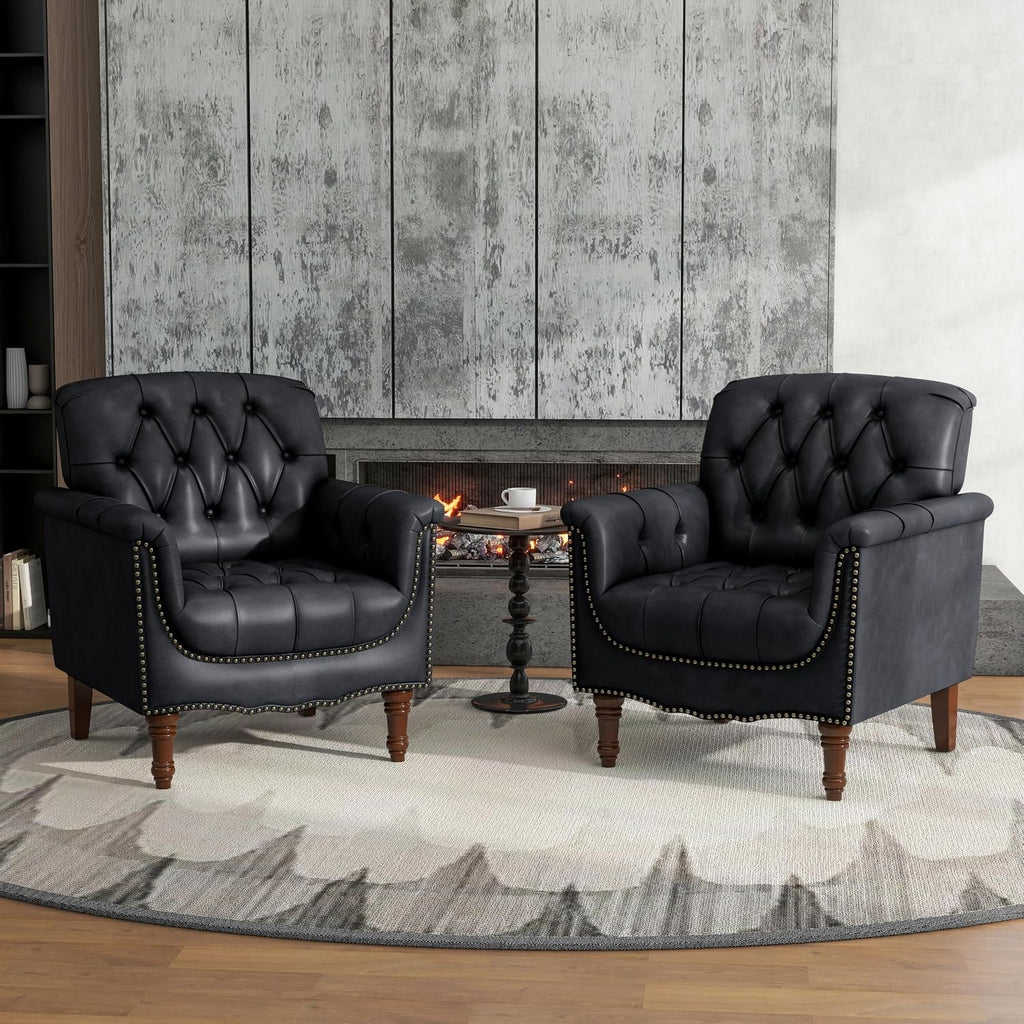 Lumibee Faux Leather Armchairs, Contemporary Accent Chairs Set of 2 with Nailhead Trims & Wood Legs for Living Room, Upholstered Comfy Arm Chairs for Office,Bedroom-Blue Black