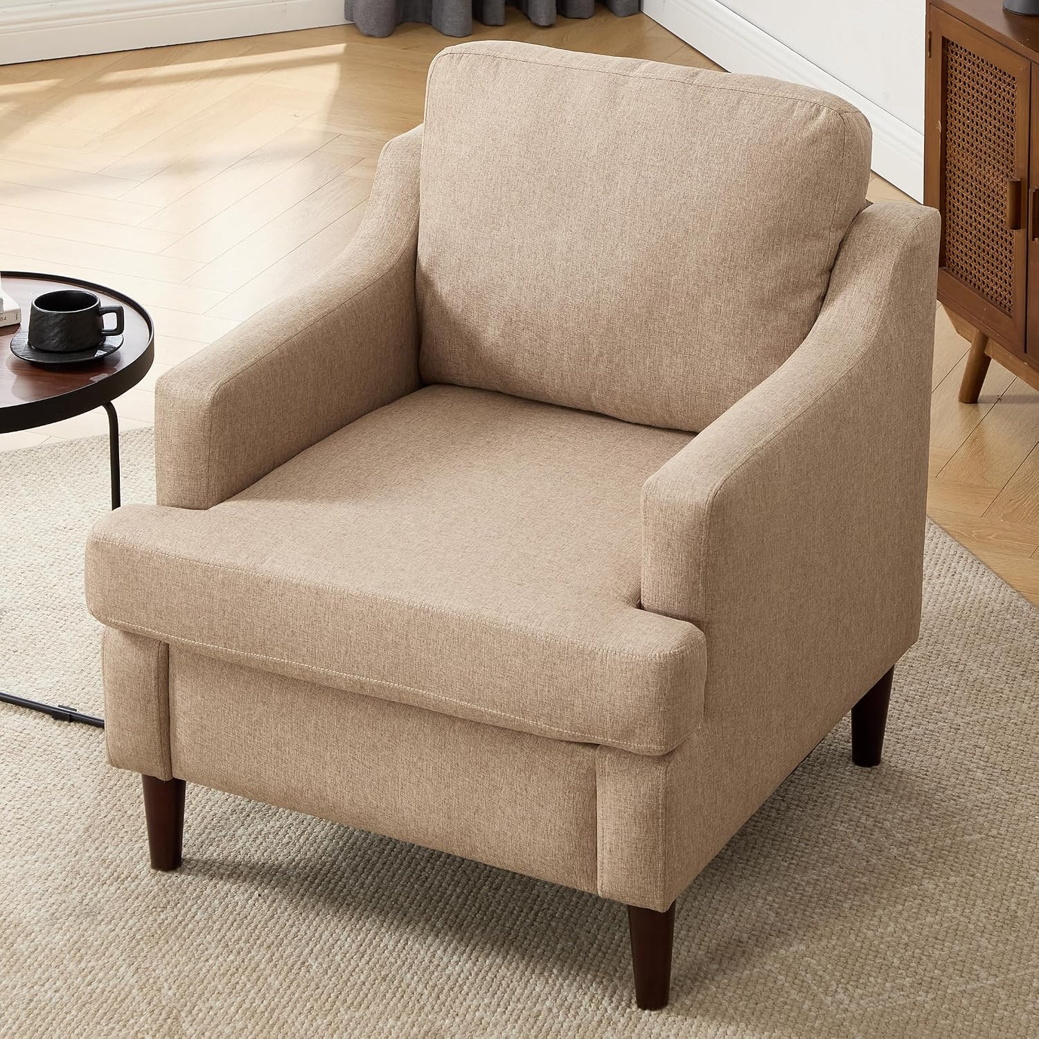 Ketaiyou Mid-Century Accent Chair Modern Linen Fabric Armchair for Living Room,Comfy Upholstered Reading Chairs for Bedroom,Single Sofa Chair with Wood Legs (Khaki, Set of 1)