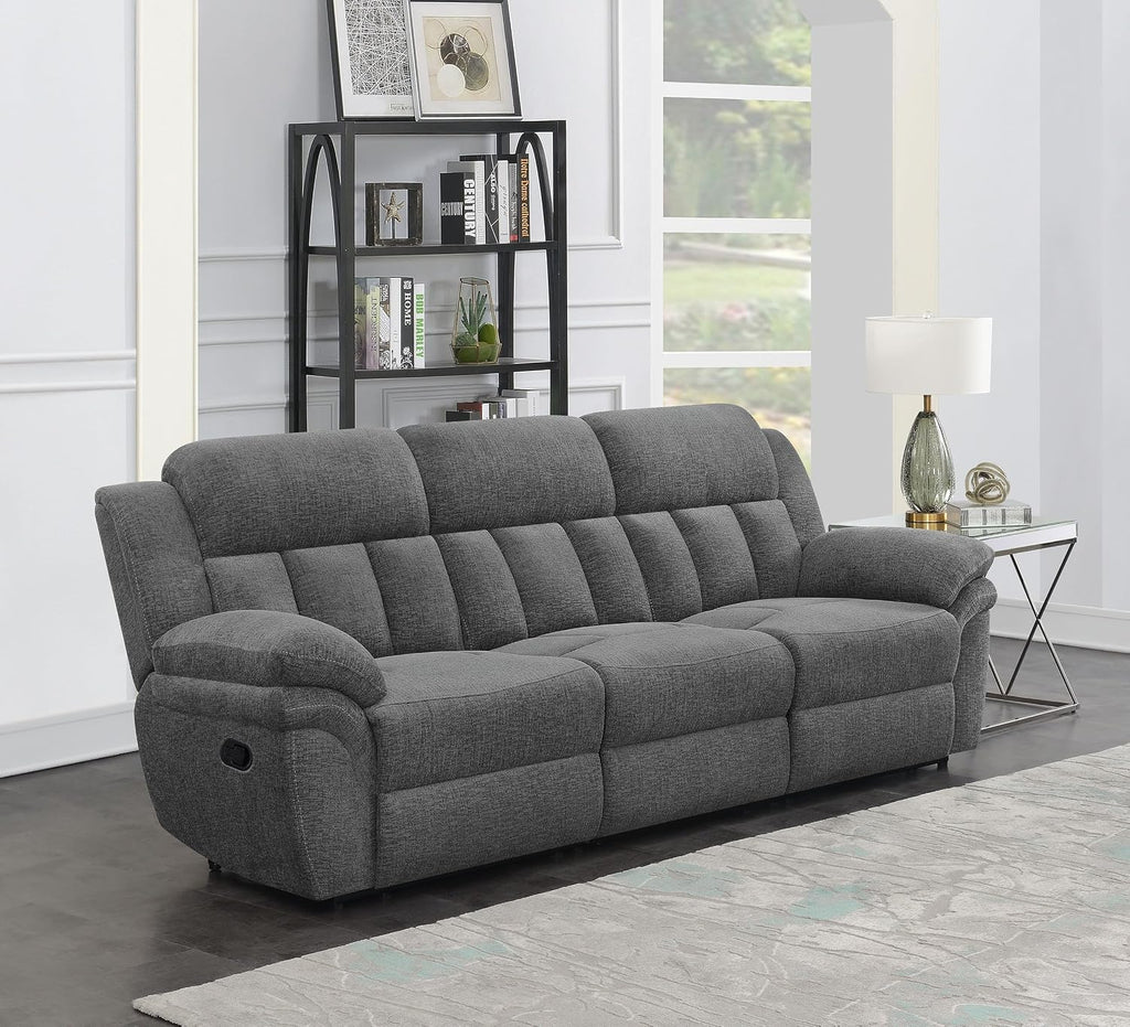 Coaster Home Furnishings - Bahrain - Upholstered Reclining Sofa with Dual Recliners, Pillowtop Arms, Tufting Accents and Transitional Style - Living Room - 99-Inch - Charcoal - 609541