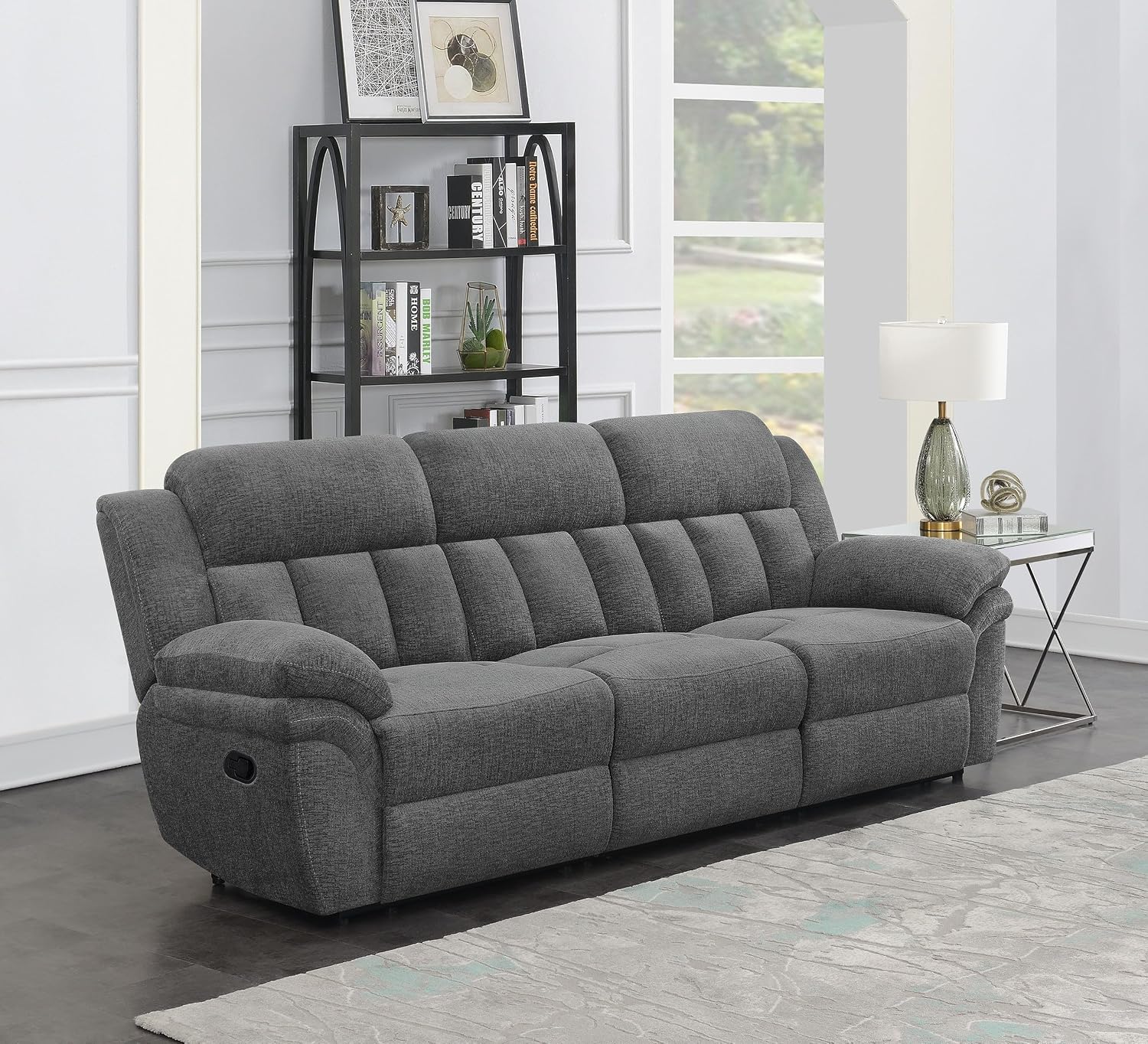 Coaster Home Furnishings - Bahrain - Upholstered Reclining Sofa with Dual Recliners, Pillowtop Arms, Tufting Accents and Transitional Style - Living Room - 99-Inch - Charcoal - 609541