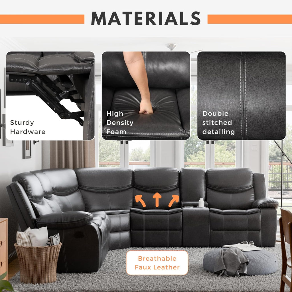 24/7 Shop at Home Amadeo Transitional Breathable Faux Leather L-Shaped Reclining Sofa with Storage Console and Cup Holder, Sectional Couches for Living Room, Home Theater, Playroom, Dark Gray