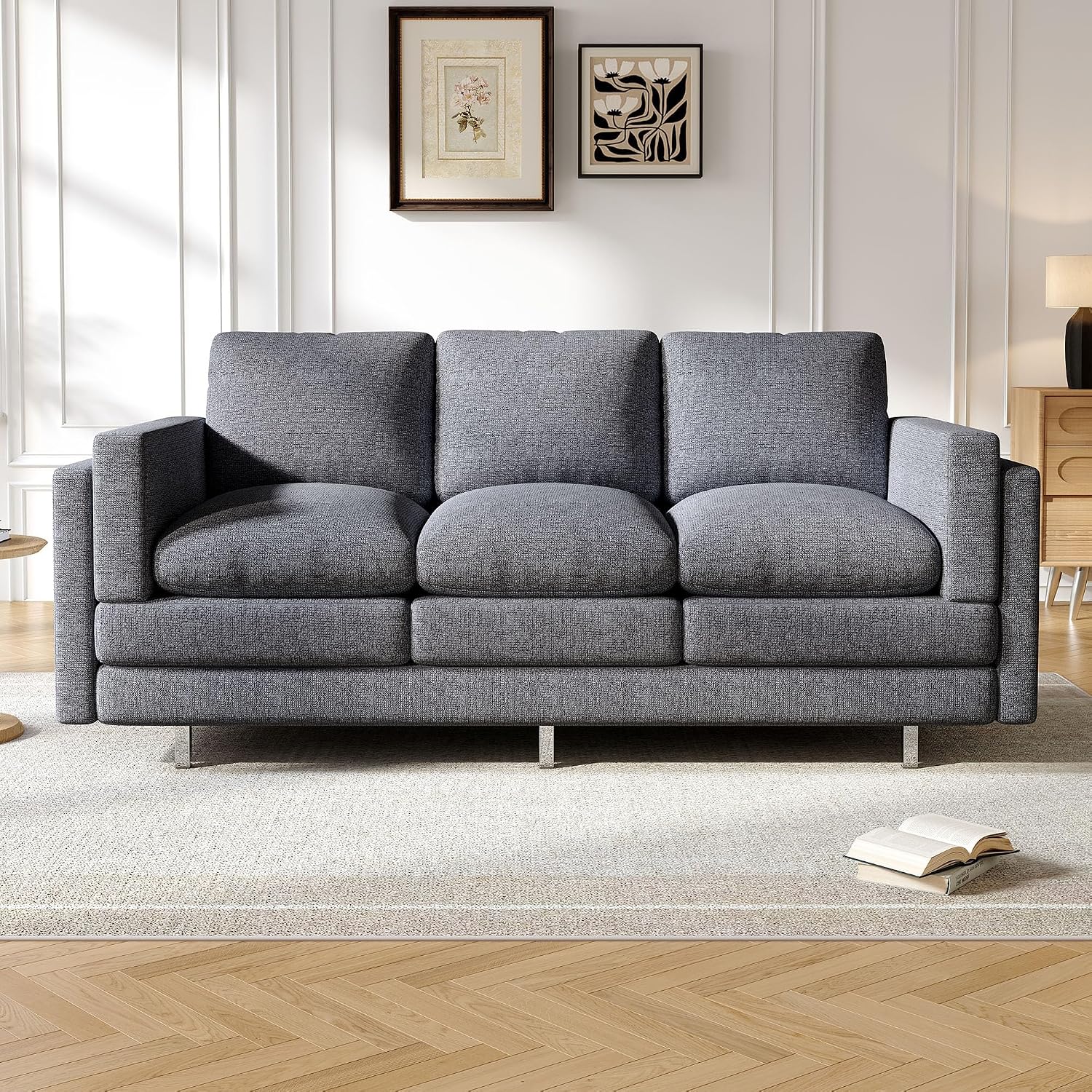 Christopher Knight Home Vincenzo 79.5' Sectional Sofa, 3 Seater Couch, Chenille Upholstered Sofa Chair, Metal Legs Couch, Dual-Layer Cushions Armchair, Comfort Seating for Reading Living Room, Gray
