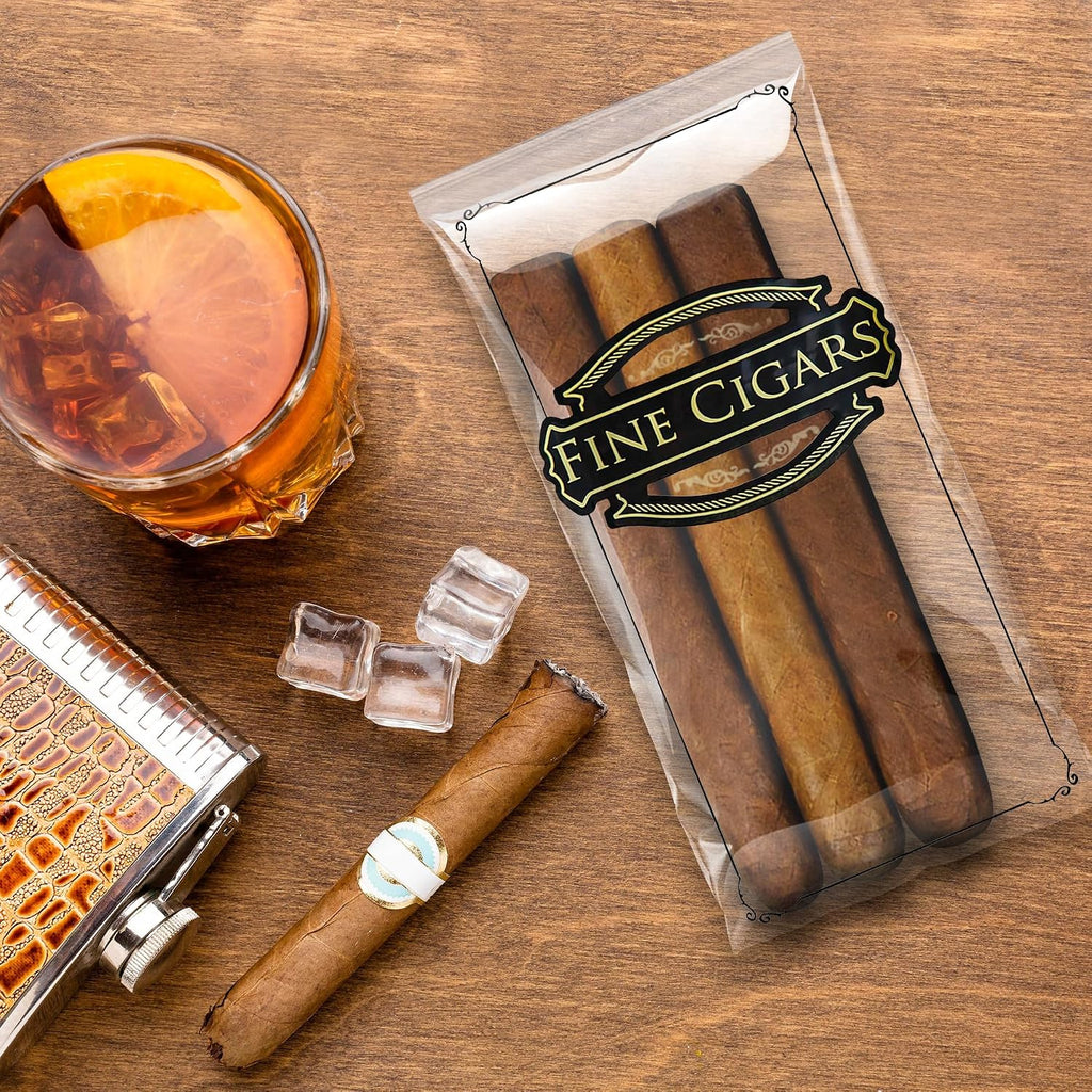 APQ Supply Clear Printed Fine Cigars Cigar Bags Plastic, 4 x 8 Inches. 1000 Pack Reclosable Zipper Bags for Cigars. Polyethylene Cigar Travel Bag, 2 Mil. Small Plastic Baggies for Tobacco Products