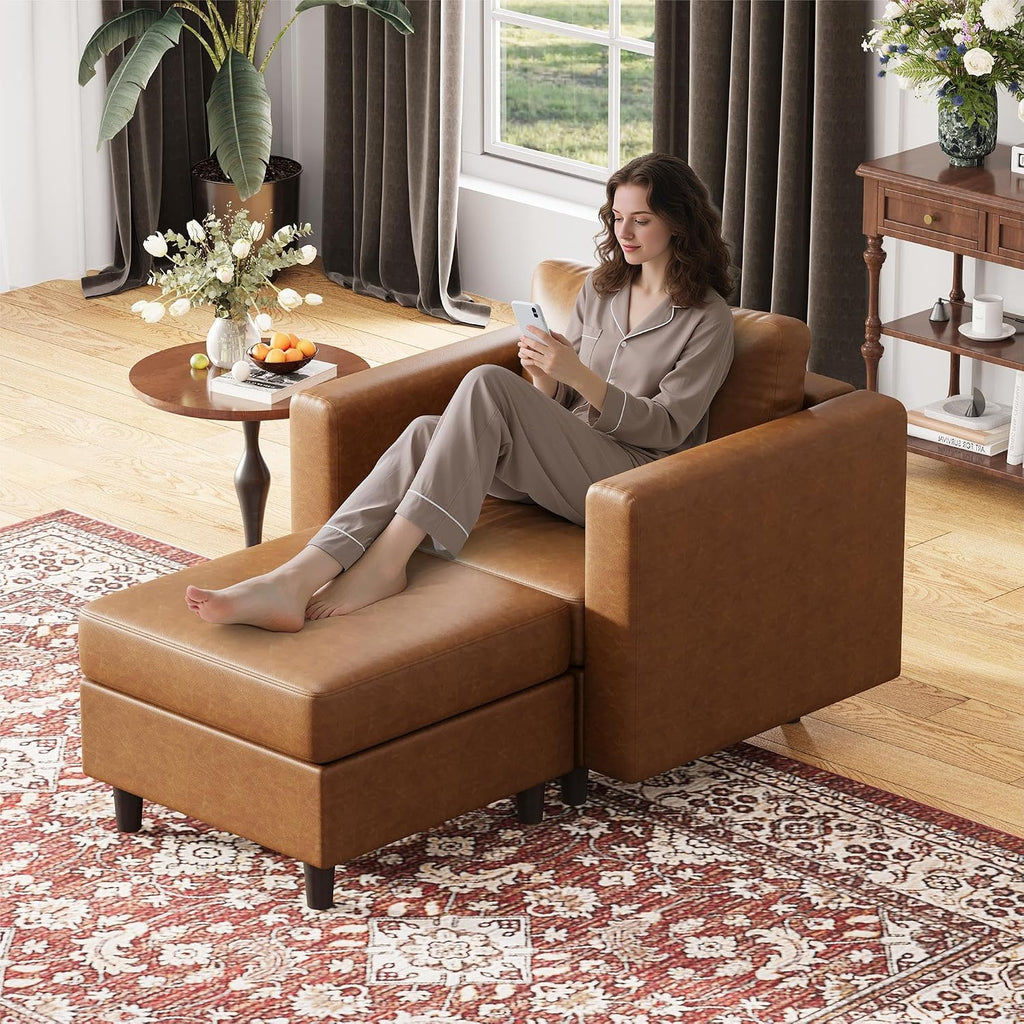 ABCASA Faux Leather Oversized Accent Chair with Storage Deep Seat Single Sofa Large Reading Armchair for Living Room Bedroom Office Brown Set of 2
