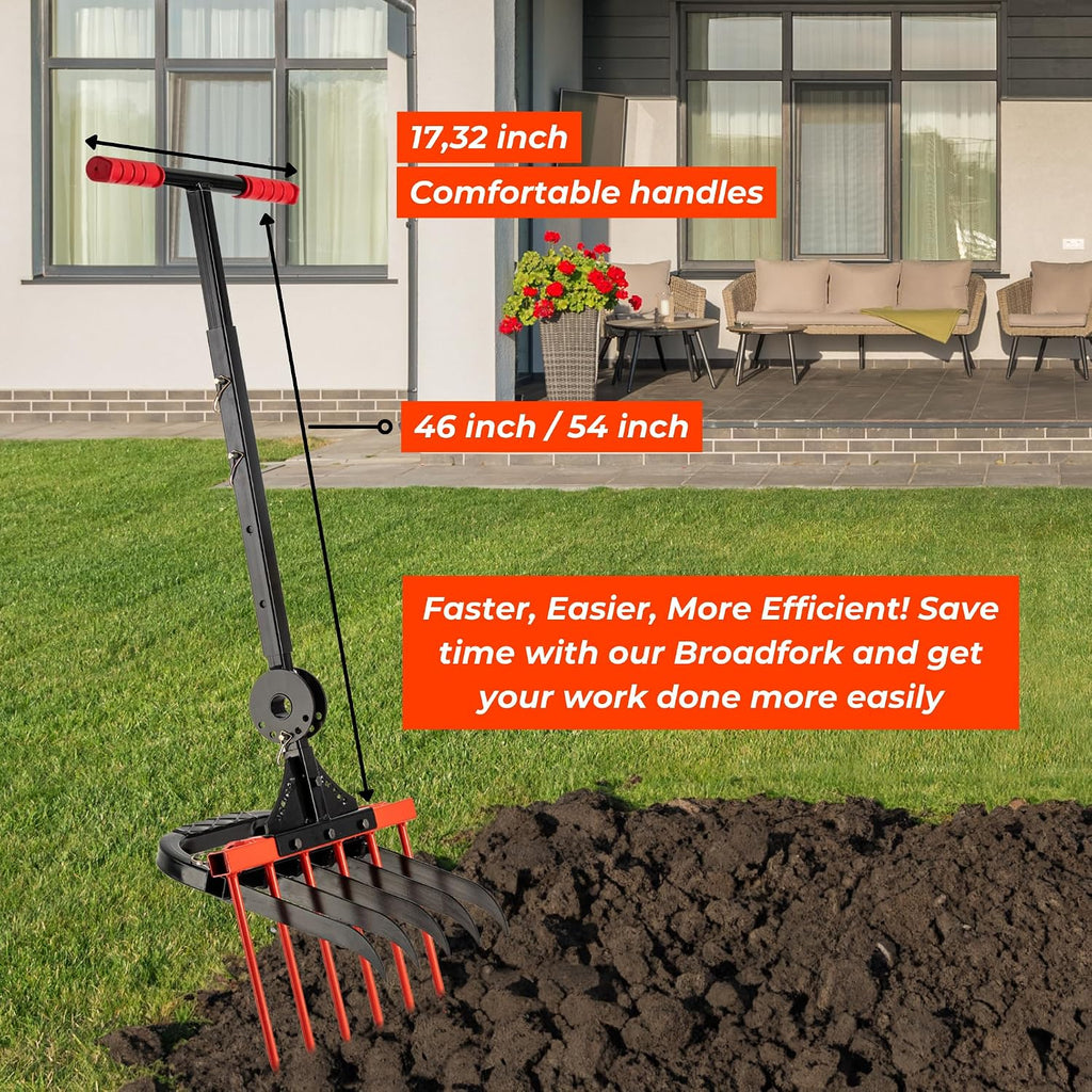 Broad Fork for Gardening - Portable and Ergonomic Broadfork Garden Tool Cultivator Tiller with 6+5 Sharp Tines - Heavy Duty Pitchfork, with Thickened Design