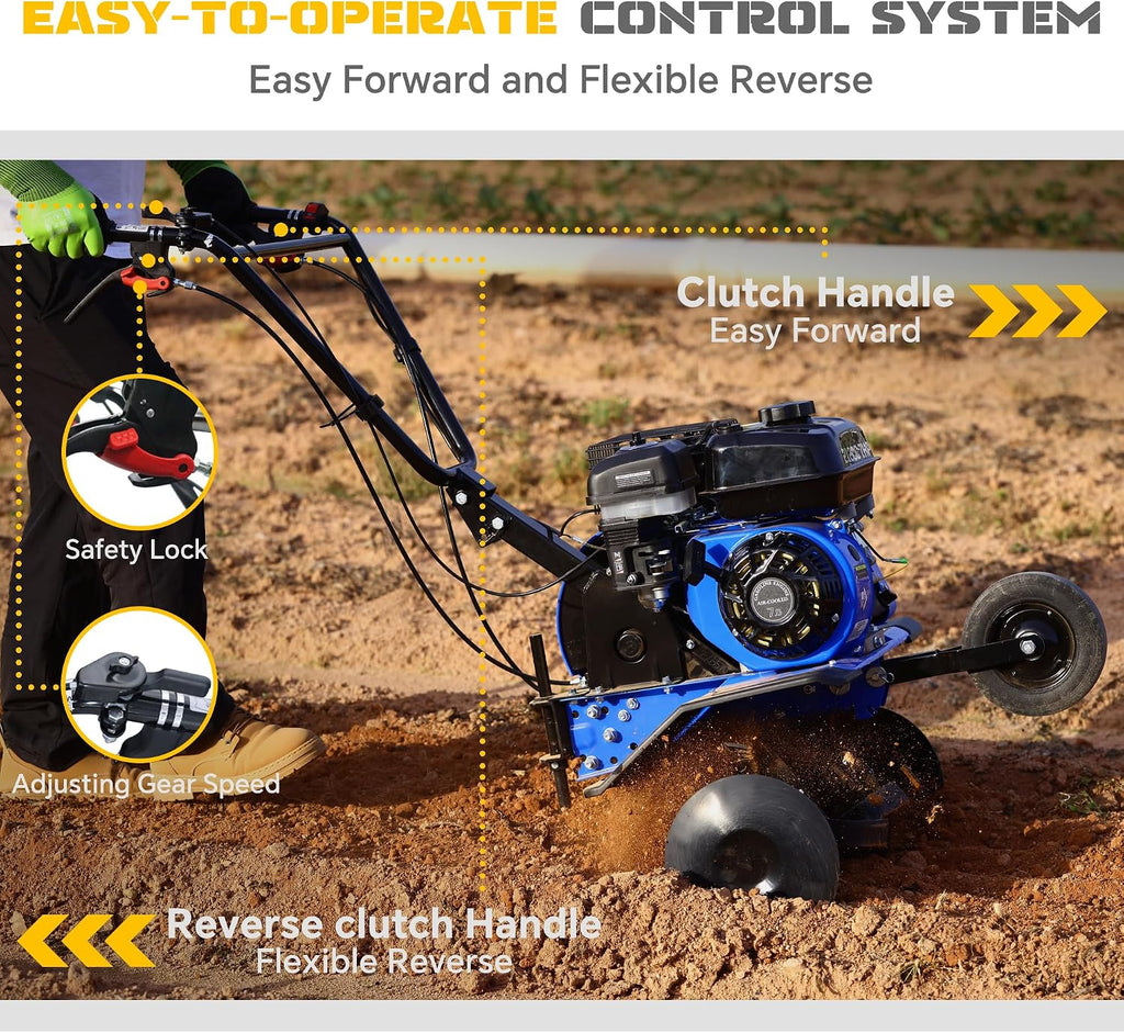 212CC 7HP Gas Tiller, 22' Adjustable Width, 4-Cycle Engine Cultivator with Instant Reverse, Heavy-Duty Steel Tines for Hard Soil, New Ground Breaking, Weed & Deep Cultivation (Blue)