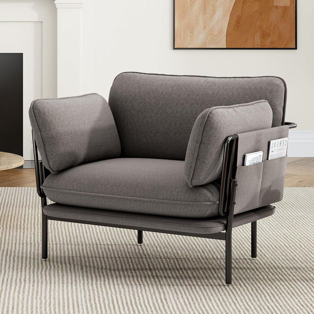 Modern Accent Chairs Set of 2, Oversized Living Room Chairs, Reading Chair with Solid Metal Legs, Fabric Armchair with Side Pockets and 2 Pillows, Accent Chairs for Bedroom, Nursery, Khaki