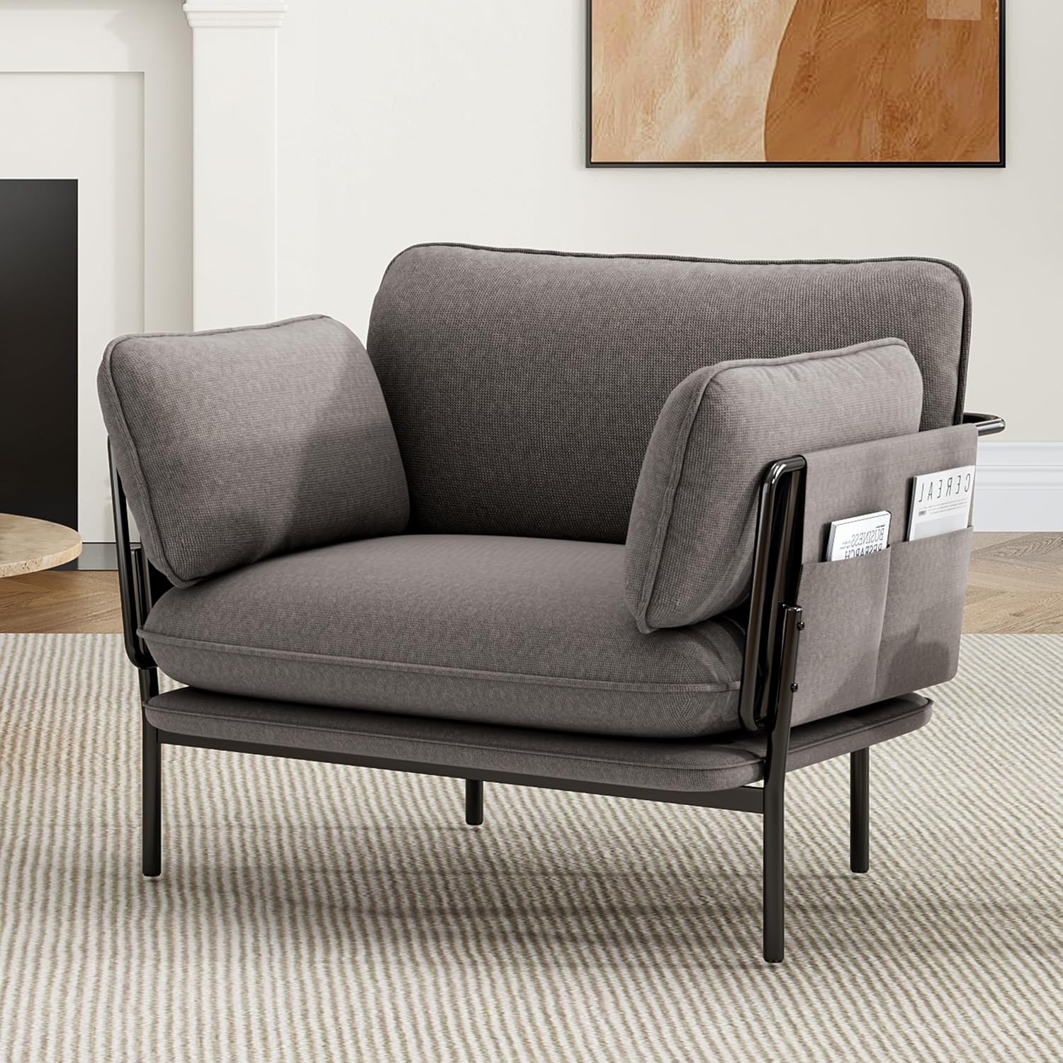 Modern Accent Chairs Set of 2, Oversized Living Room Chairs, Reading Chair with Solid Metal Legs, Fabric Armchair with Side Pockets and 2 Pillows, Accent Chairs for Bedroom, Nursery, Khaki