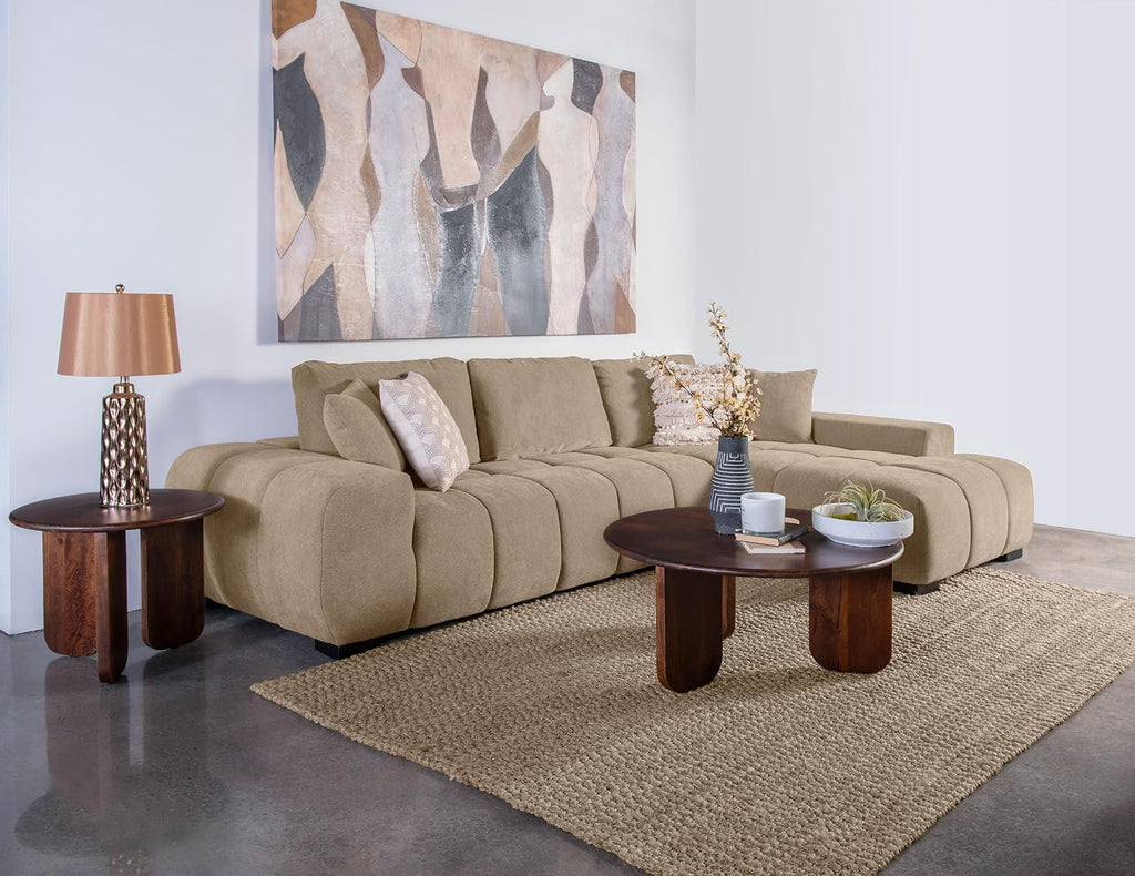 Coaster Home Furnishings - Octavia - Fabric - Upholstered Sectional Sofa with Chaise, Grid Tufting and Accent Pillows - Living Room - Camel - 509961