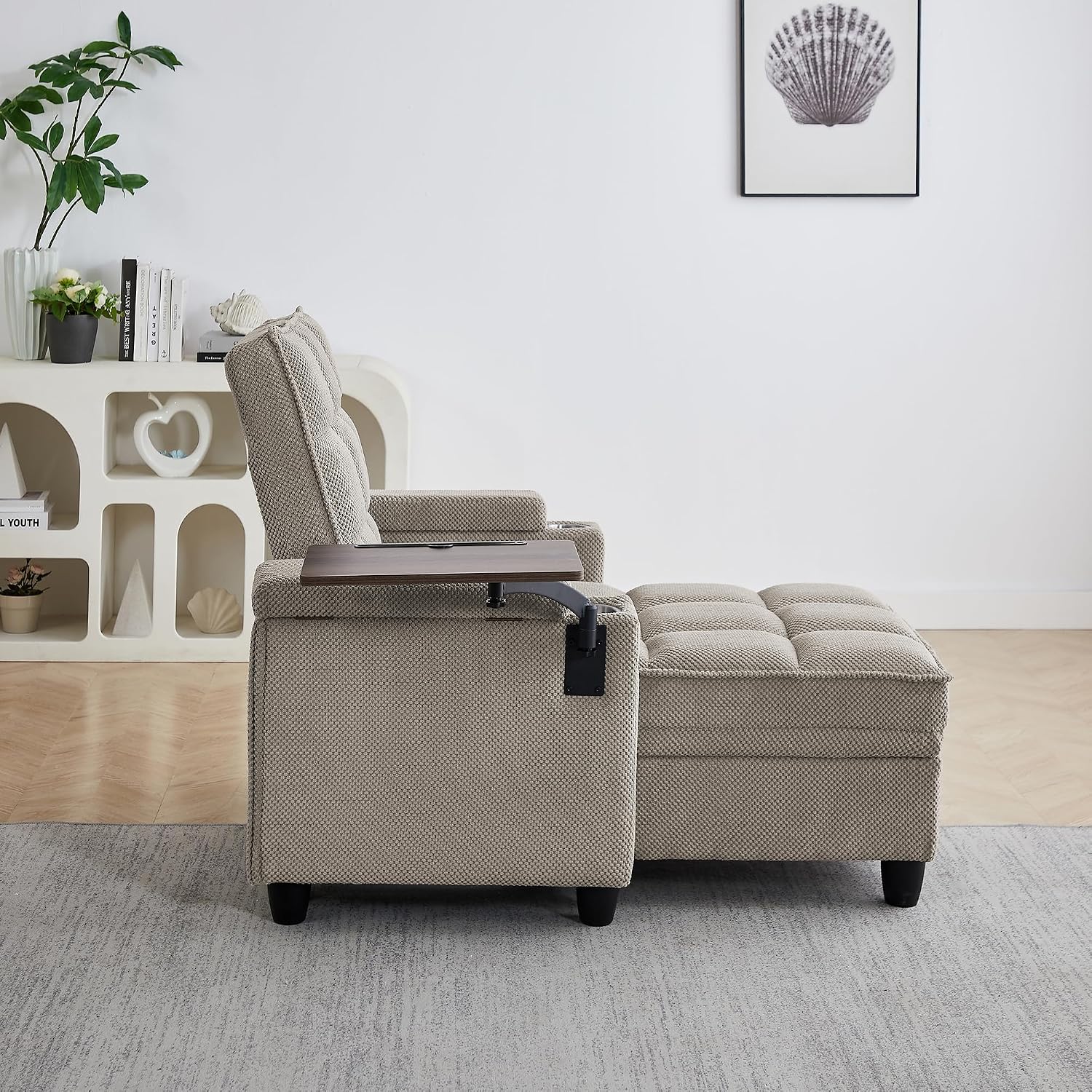 Eafurn Convertible Chaise Lounge Sleeper Chair with Storage and 6-Position Reclining Backrest,Modern Tufted Recliner Lounge Chaise Chair with Swivel Tray Table & USB Port for Living Room