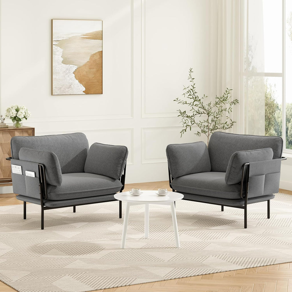 Modern Accent Chairs Set of 2, Oversized Living Room Chairs, Reading Chair with Solid Metal Legs, Fabric Armchair with Side Pockets and 2 Pillows, Accent Chairs for Bedroom, Nursery, Blue Gray
