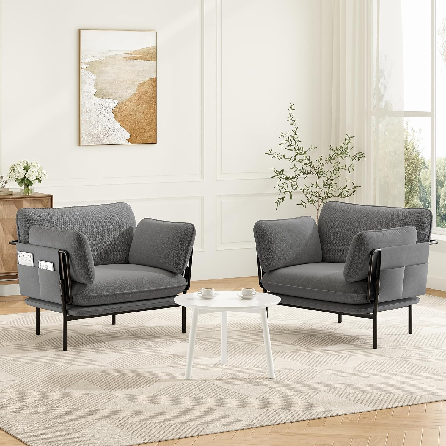 Modern Accent Chairs Set of 2, Oversized Living Room Chairs, Reading Chair with Solid Metal Legs, Fabric Armchair with Side Pockets and 2 Pillows, Accent Chairs for Bedroom, Nursery, Blue Gray