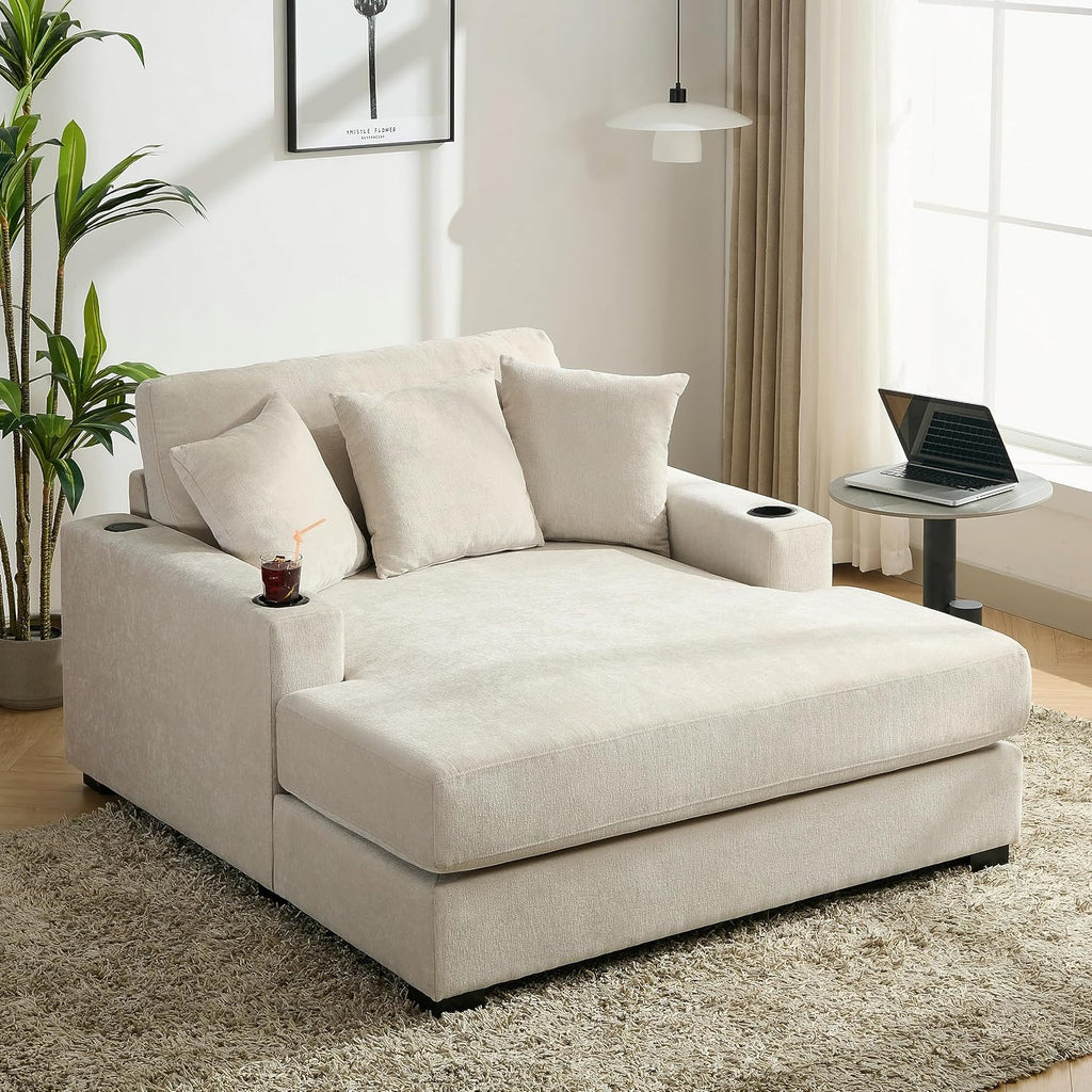 Merax Modern 55' Chaise Lounge with Pillow, Charge Station & Cup Holders,Upholstered Sofa Recliner Chair for Living Room Bedroom Cream