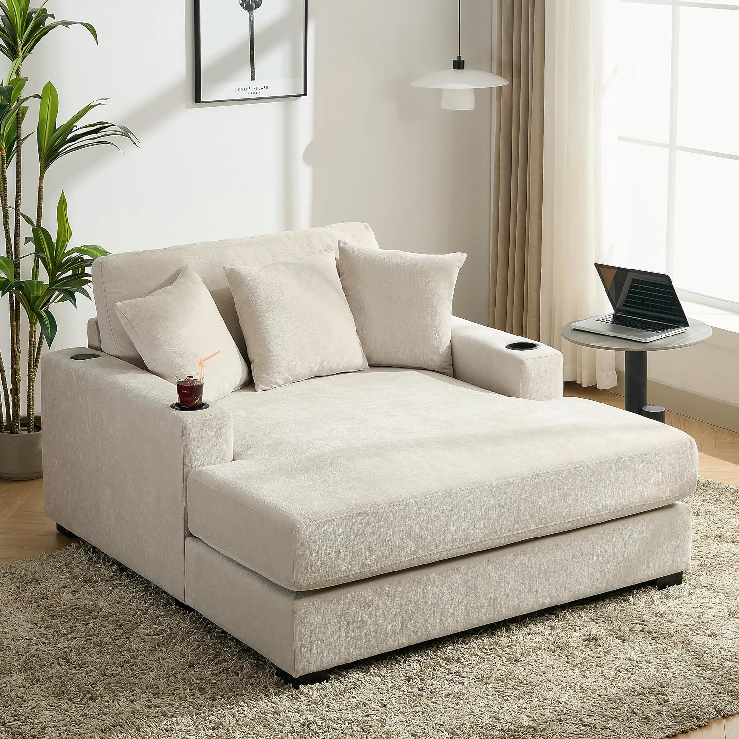 Merax Modern 55' Chaise Lounge with Pillow, Charge Station & Cup Holders,Upholstered Sofa Recliner Chair for Living Room Bedroom Cream