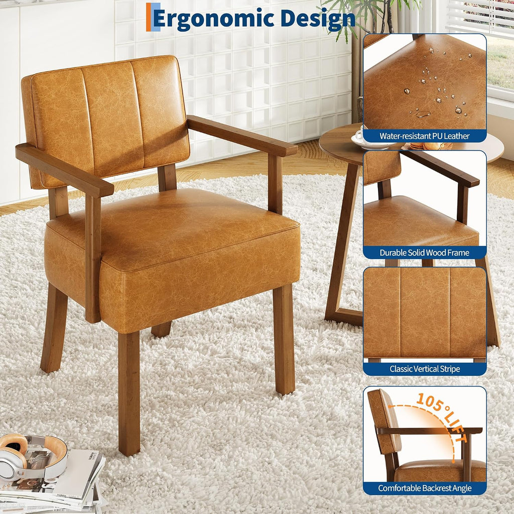 Garvee Accent Chair, Mid-Century Modern Faux Leather Armchair with Wood Frame, Vertical Stripe Upholstered Reading Chair for Living Room, Bedroom or Balcony, Brown