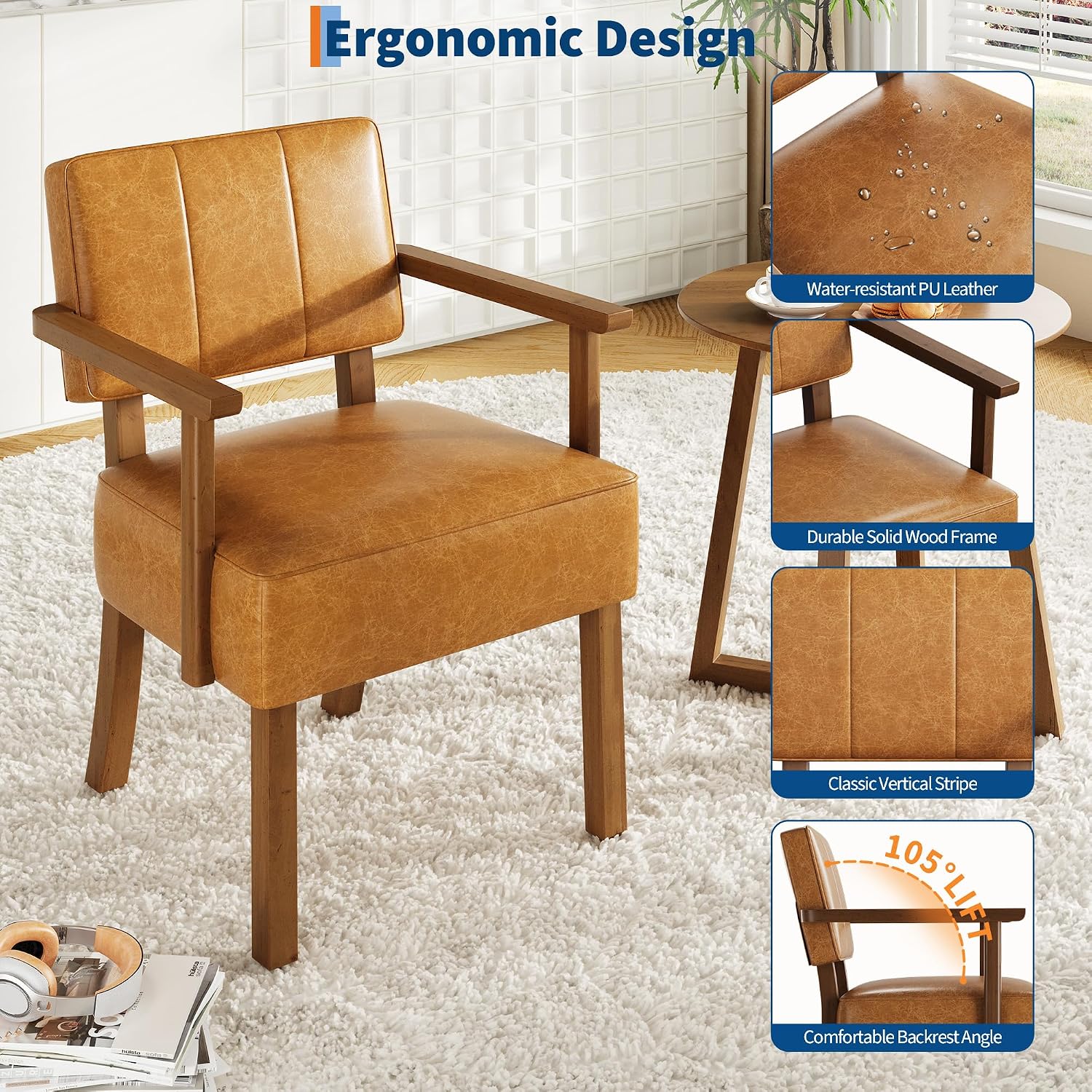 Garvee Accent Chair, Mid-Century Modern Faux Leather Armchair with Wood Frame, Vertical Stripe Upholstered Reading Chair for Living Room, Bedroom or Balcony, Brown