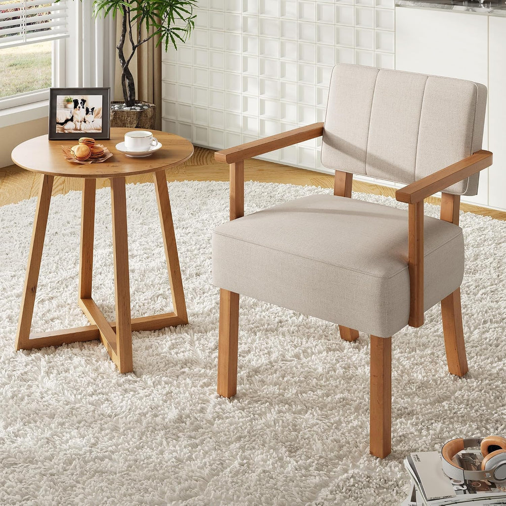 Garvee Accent Chair, Mid-Century Modern Linen Fabric Armchair with Wood Frame, Vertical Stripe Upholstered Reading Chair for Living Room, Bedroom or Balcony, Beige