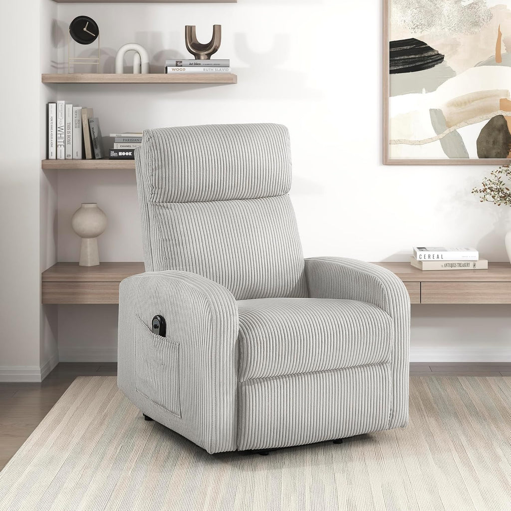 Lexicon Power Lift Recliner Chair for Elderly with Remote Control, Gentle Lift Motion, Side Pocket Armrest, Corduroy Upholstered Electric Recliner for Living Room/Bedroom, Easy Assembly, Light Gray