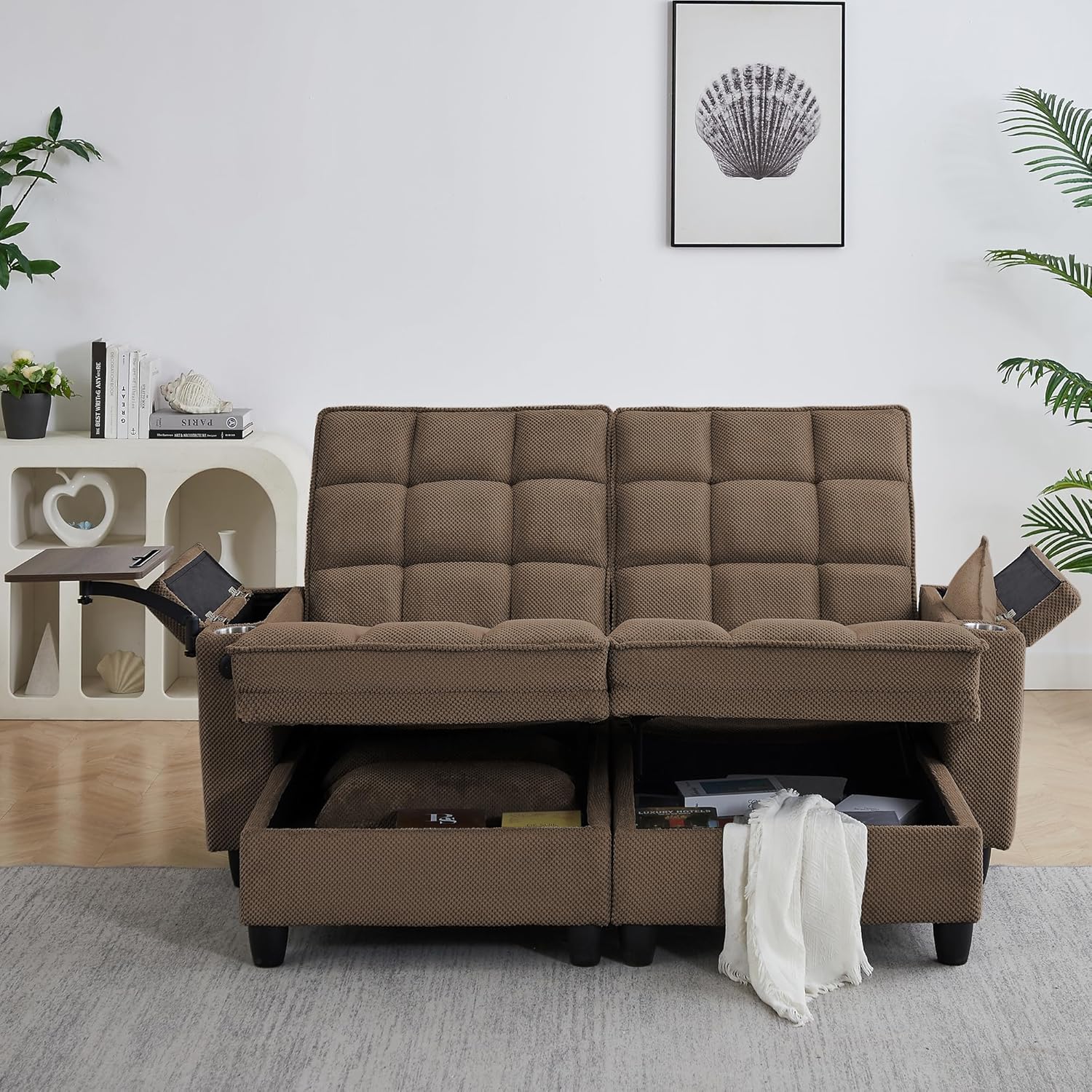 Eafurn Double Chaise Lounge Convertible Sleeper Chair Sofabed W/Storage and 6-Position Reclining Backrest, Modern Tufted Recliner Lounge Chaise Couch with Swivel Table & USB for Living Room