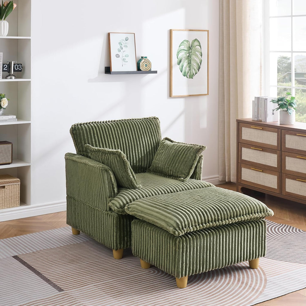 KEIKI Wide Corduroy Sofa Chair with Ottoman, Single Seat Chair Chaise Lounge, Corduroy Sleeper Couch for Living Room, Apartment, Salon, Home Theater, Green