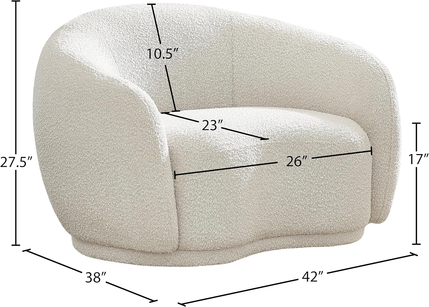 Meridian Furniture 693Cream-C Hyde Collection Modern | Contemporary Boucle Fabric Upholstered Accent Chair with Rounded Back, Cream, 42' W x 38' D x 27.5' H