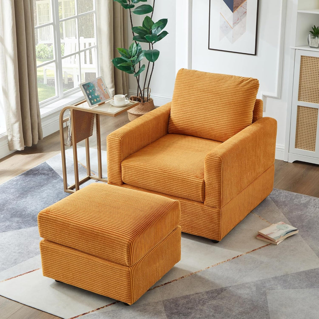 Ball & Cast 57' Classic Corduroy Chaise Lounge Chair,Comfy Sofa Chaise Couch Sleeper Chair,Upholstered Accent Chair W/Ottoman,Leisure Sofa Recliner Reading Chair for Living Room,Bedroom,Office,Yellow