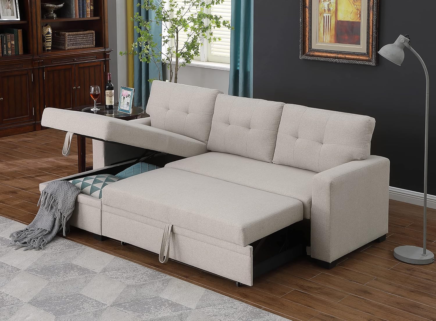 Favfurish 82' L-Shape Reversible Sleeper Sectional Sofa with Pull Out Bed and Storage Chaise,Linen Tufted Upholstery Corner Couch for Living Room, Apartment,Office,Home Furniture Sets,Beige
