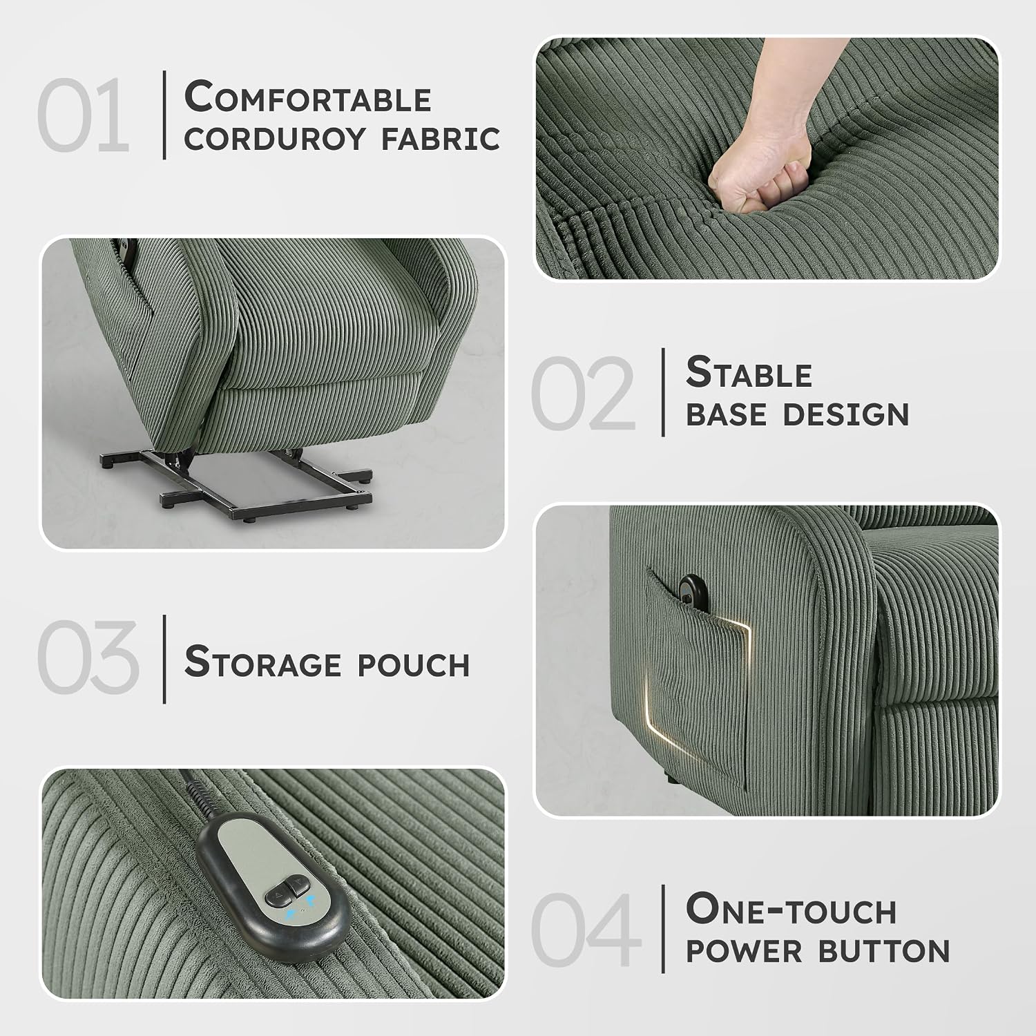 Lexicon Power Lift Recliner Chair for Elderly with Remote Control, Gentle Lift Motion, Side Pocket Armrest, Corduroy Upholstered Electric Recliner for Living Room/Bedroom, Easy Assembly, Green