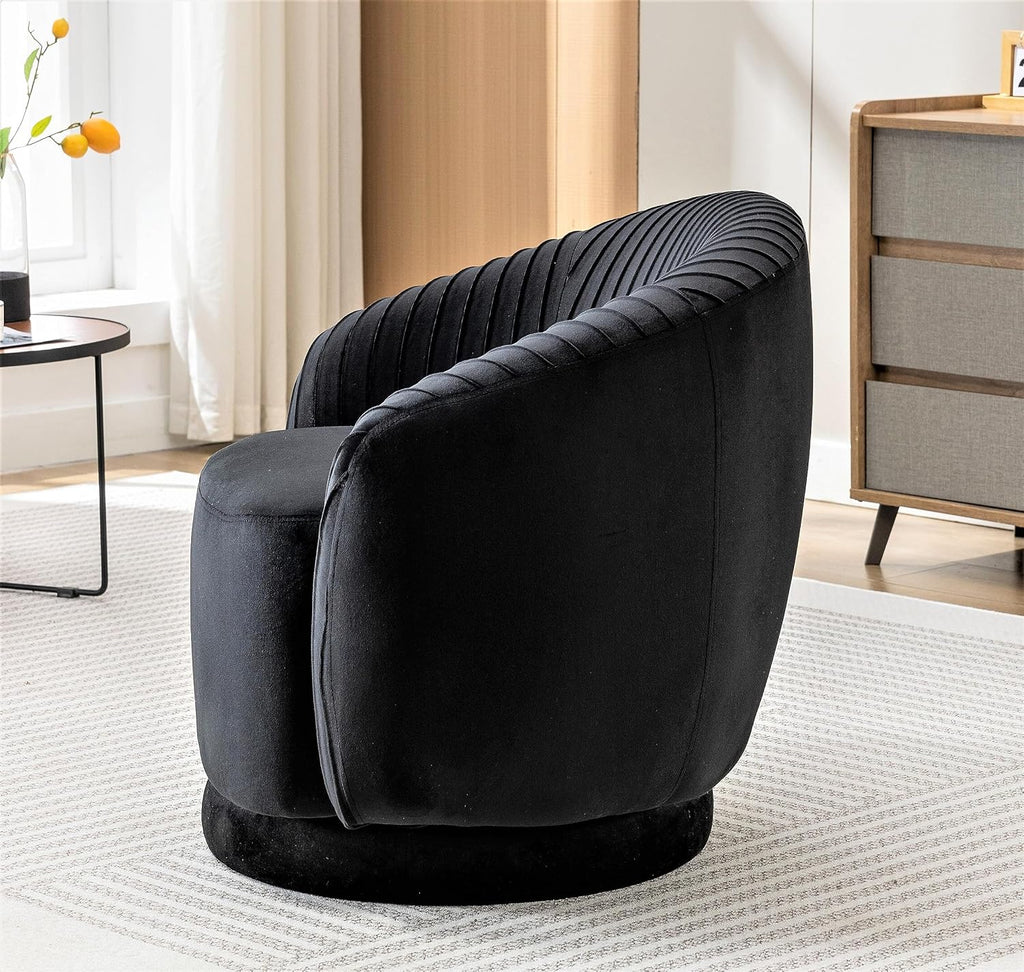 Container Furniture Direct Modern Barrel Swivel Chair with Plush Velvet Upholstery and Smooth 360° Rotation, Round Accent One-Seater Sofa for Living Room, Bedroom, and Office, Black