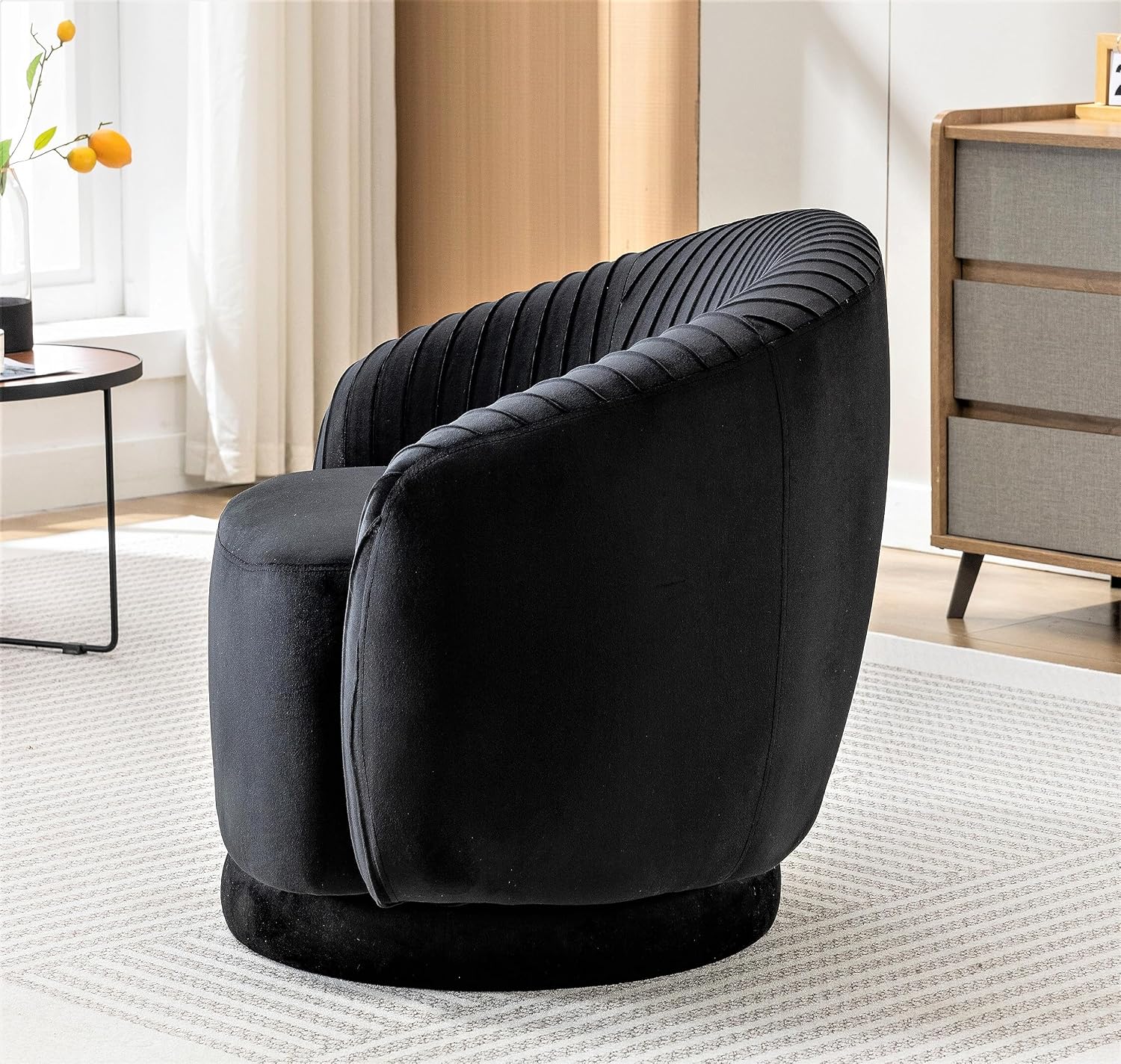 Container Furniture Direct Modern Barrel Swivel Chair with Plush Velvet Upholstery and Smooth 360° Rotation, Round Accent One-Seater Sofa for Living Room, Bedroom, and Office, Black