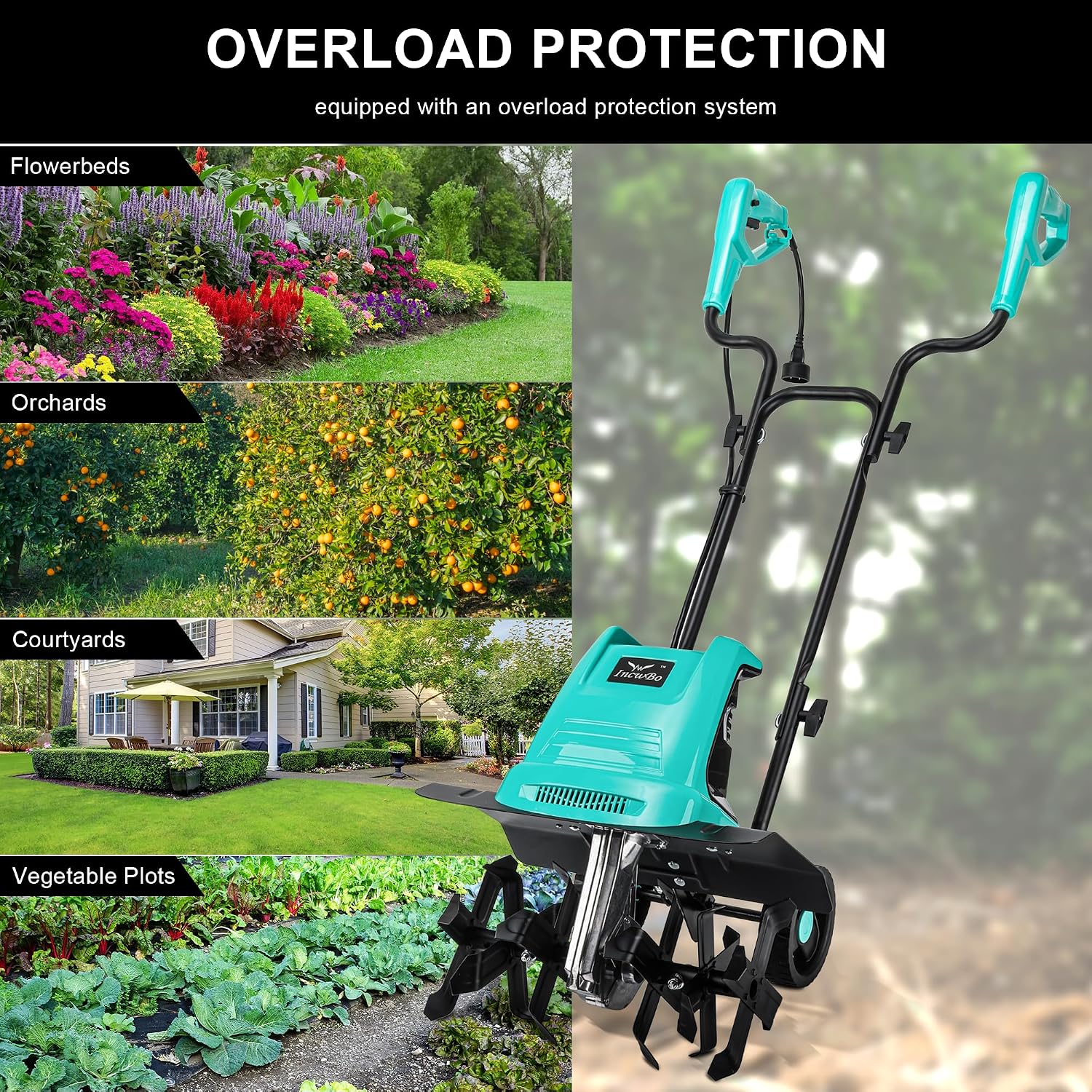 IncwBo Tiller 13.5AMP Rototiller for Garden Corded Electric Tiller Garden Electric Cultivator 8Inch Depth 16Inch Width Tiller for Garden Yard