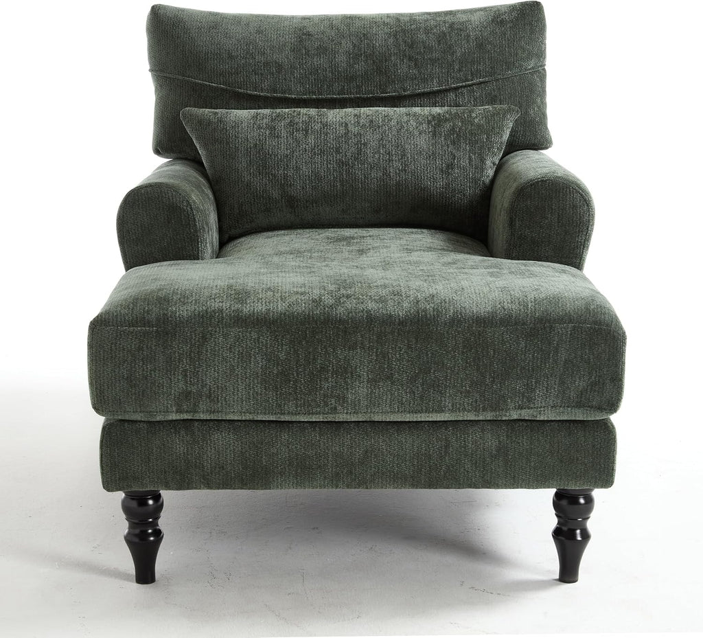 KEIKI Chaise Lounge Chair Indoor, Modern Leisure Sleeper Sofa Chair w/Double Deep Cushion, Accent Upholstered Reading Side Armchair, Recliner Arm Chairs for Living Room & Bedroom, Easy Assembly, Green