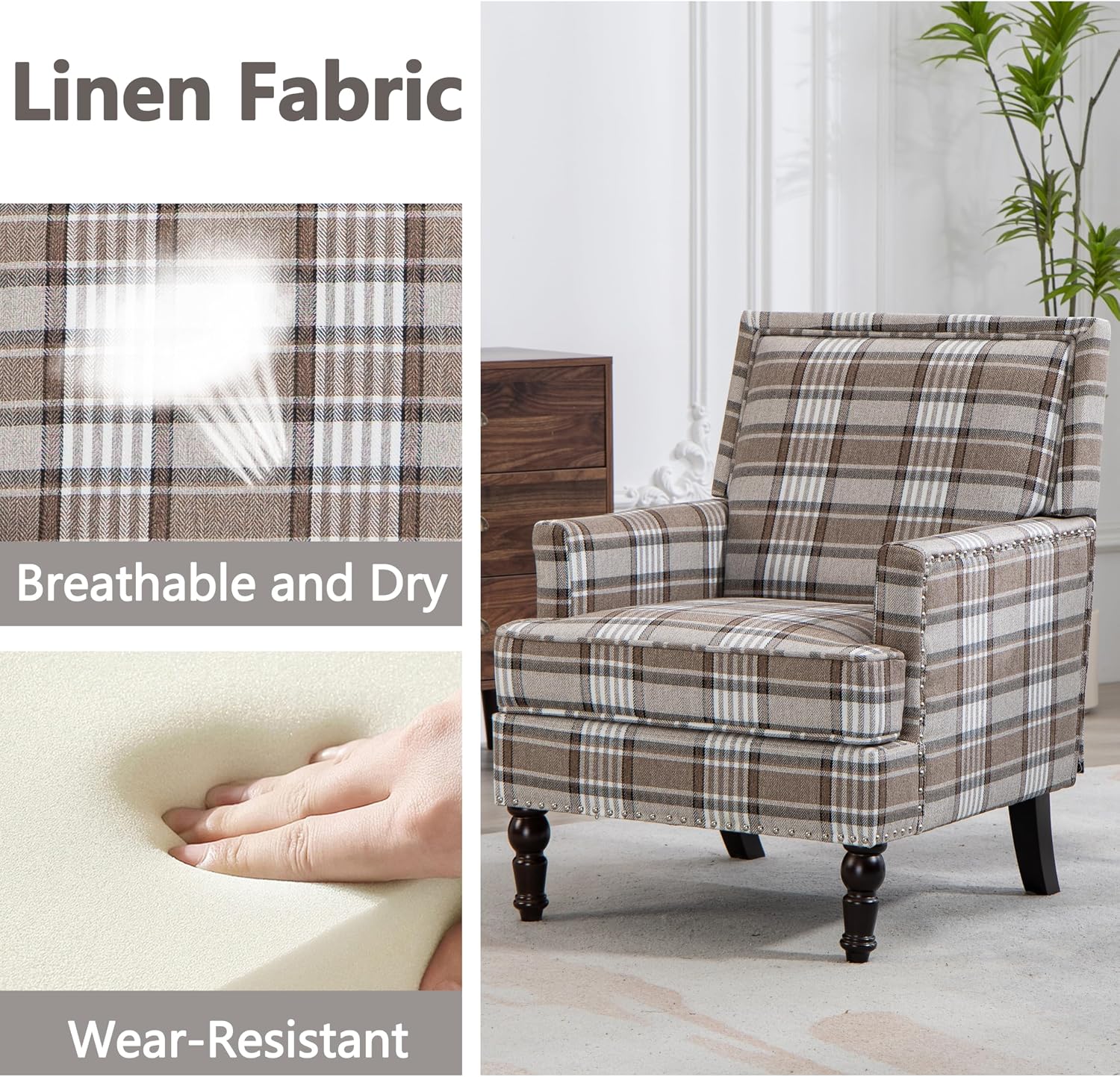Accent Chair, Plaid Gingham Cozy Comfy Modern Comfy Mid-Century Accent Chairs, Upholstered Lounge Arm Chair with Solid Wood Frame for Living Room/Bedroom-Brown Plaid