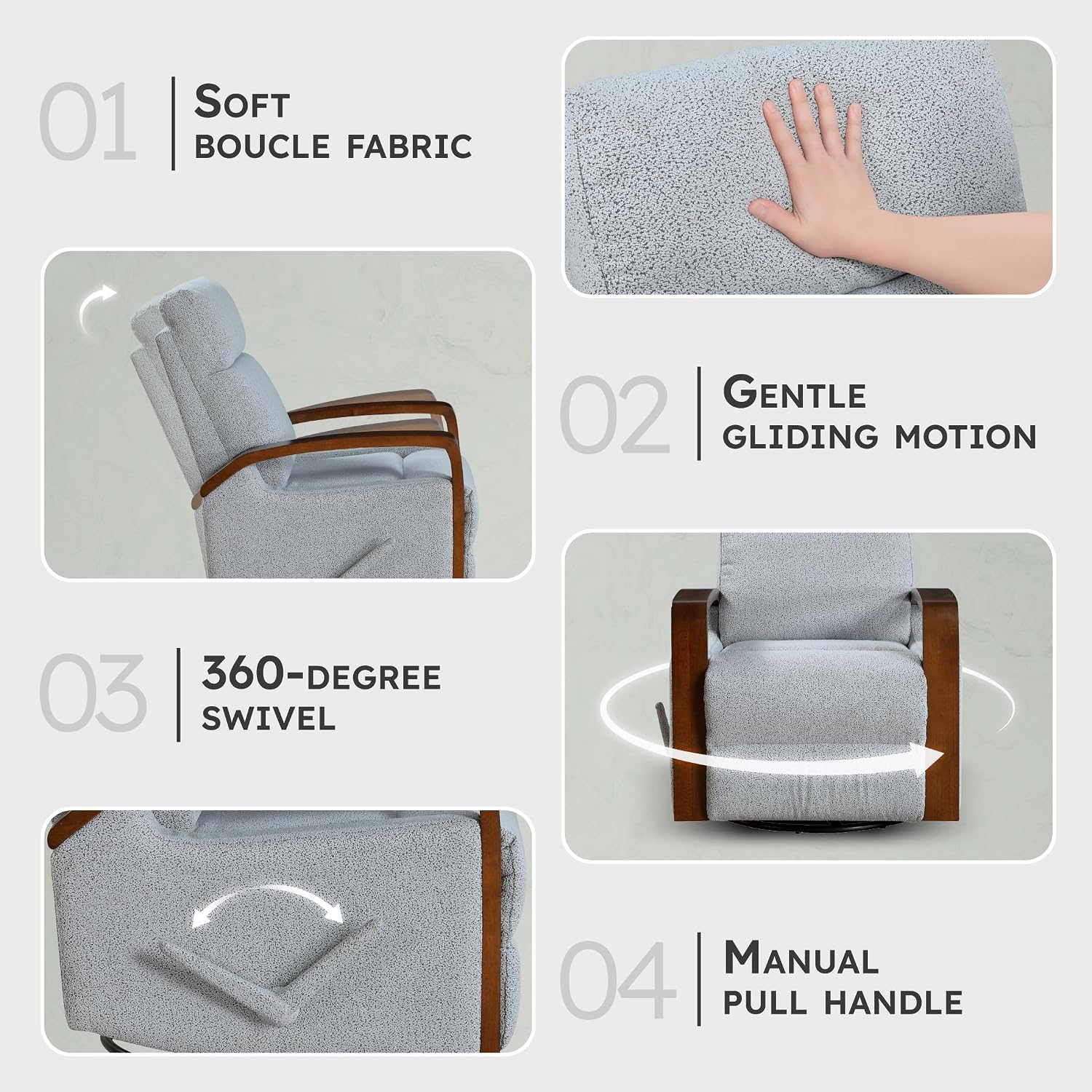 Lexicon 360 Degree Swivel Glider Reclining Chair, Soft Boucle Manual Recliner, Comfy Nursery Glider Recliner, Wood Arms, Pull Handle for Living Room/Office/Bedroom/Apartment, Gray