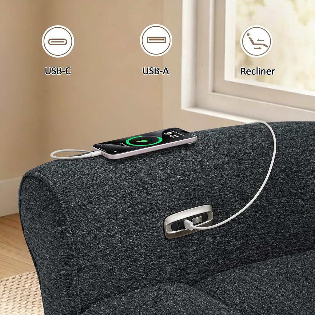 MCombo Wall Hugger Power Recliner Chair for Small Spaces RV Living Room, USB & Type-C Charging Ports, Extra Wide 24' Seat, Rolled Arm Electric Reclining Chair, Pet-Friendly Fabric PR630 (Dark Grey)